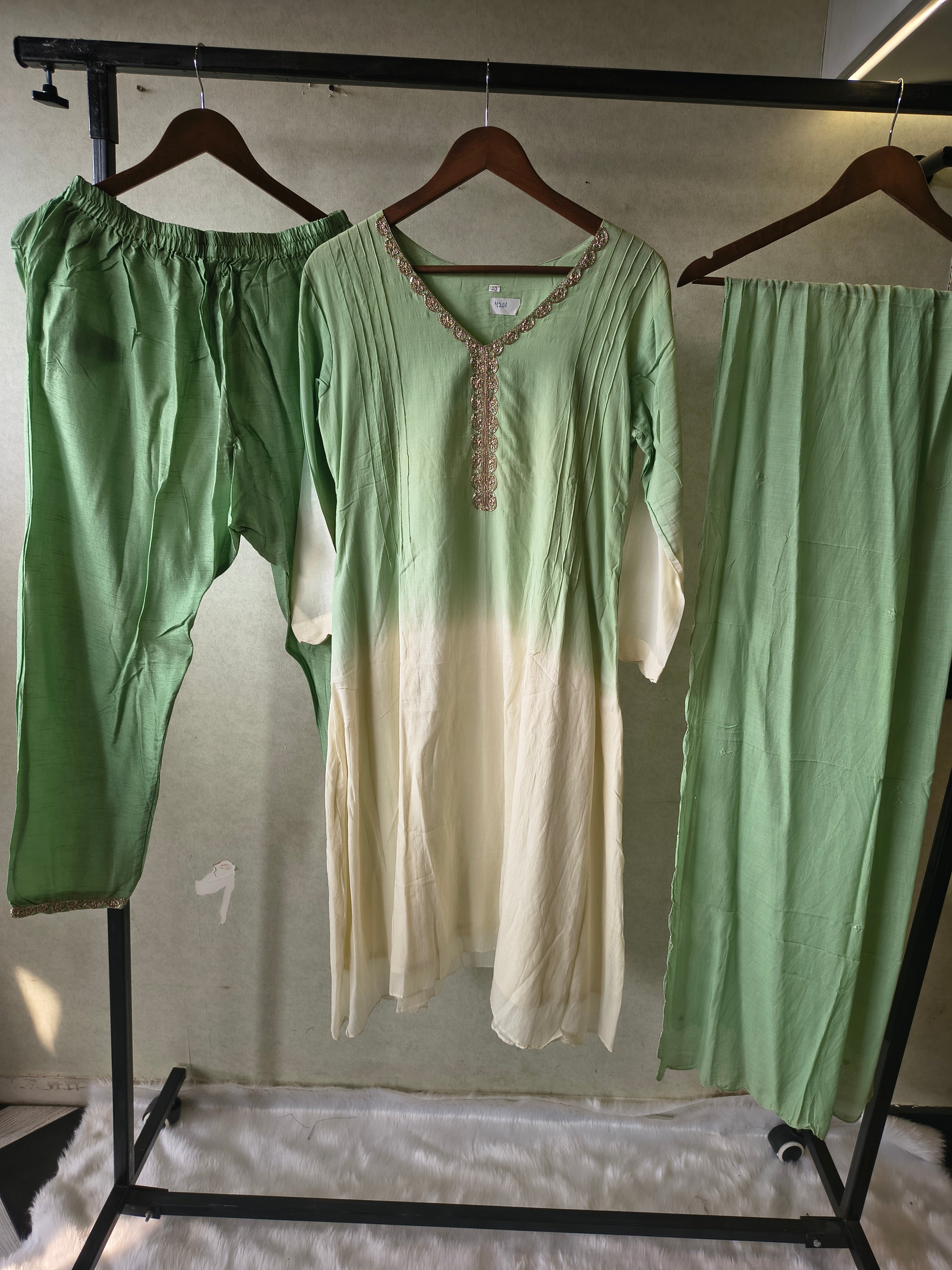 Image of Mint Green Ombre Silk Blend Kurta Set with Embellished Neckline & Matching Dupatta – Premium 3 Piece Ethnic Ensemble