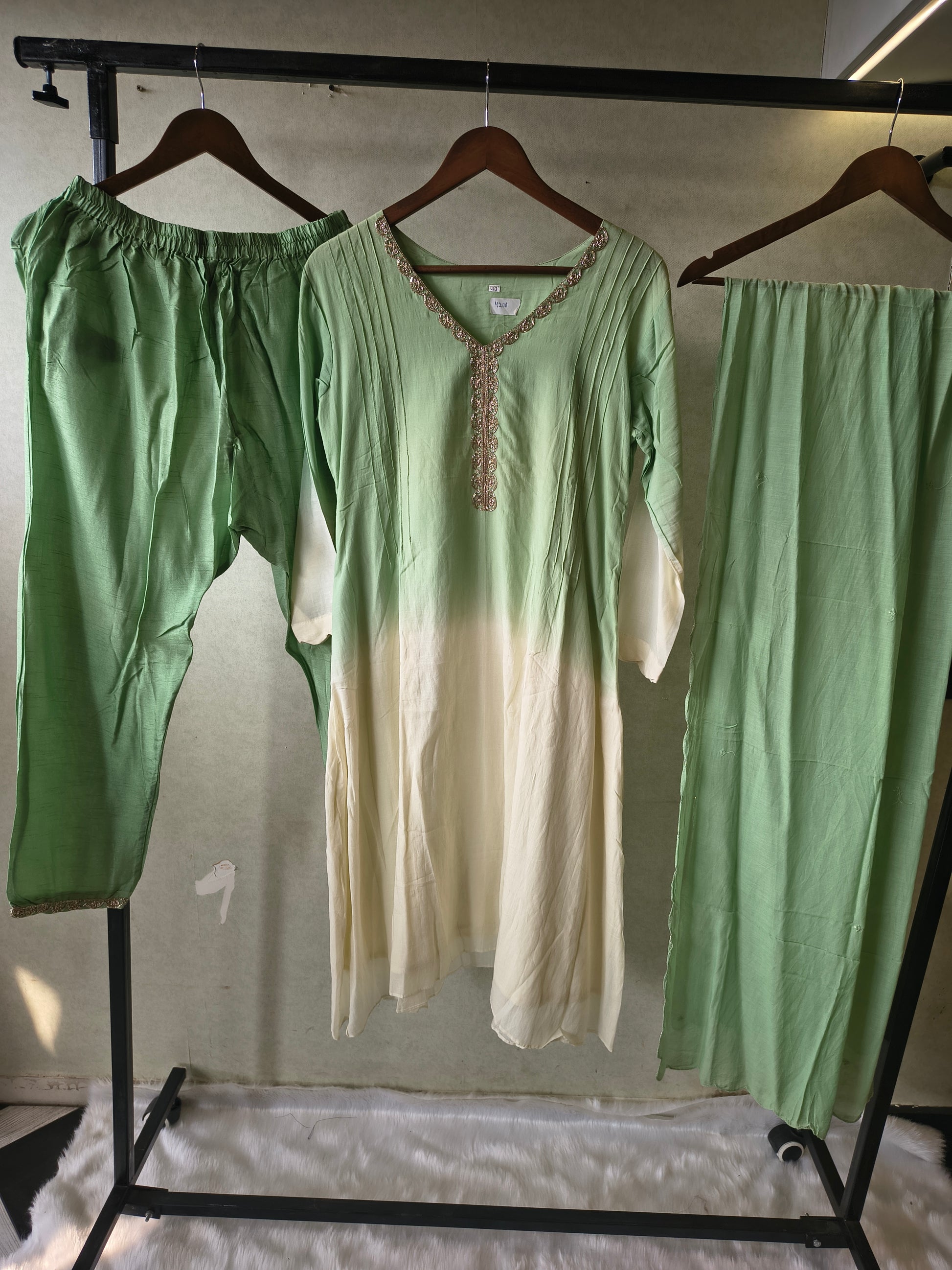 Mint Green Ombre Silk Blend Kurta Set with Embellished Neckline & Matching Dupatta – Premium 3 Piece Ethnic Ensemble