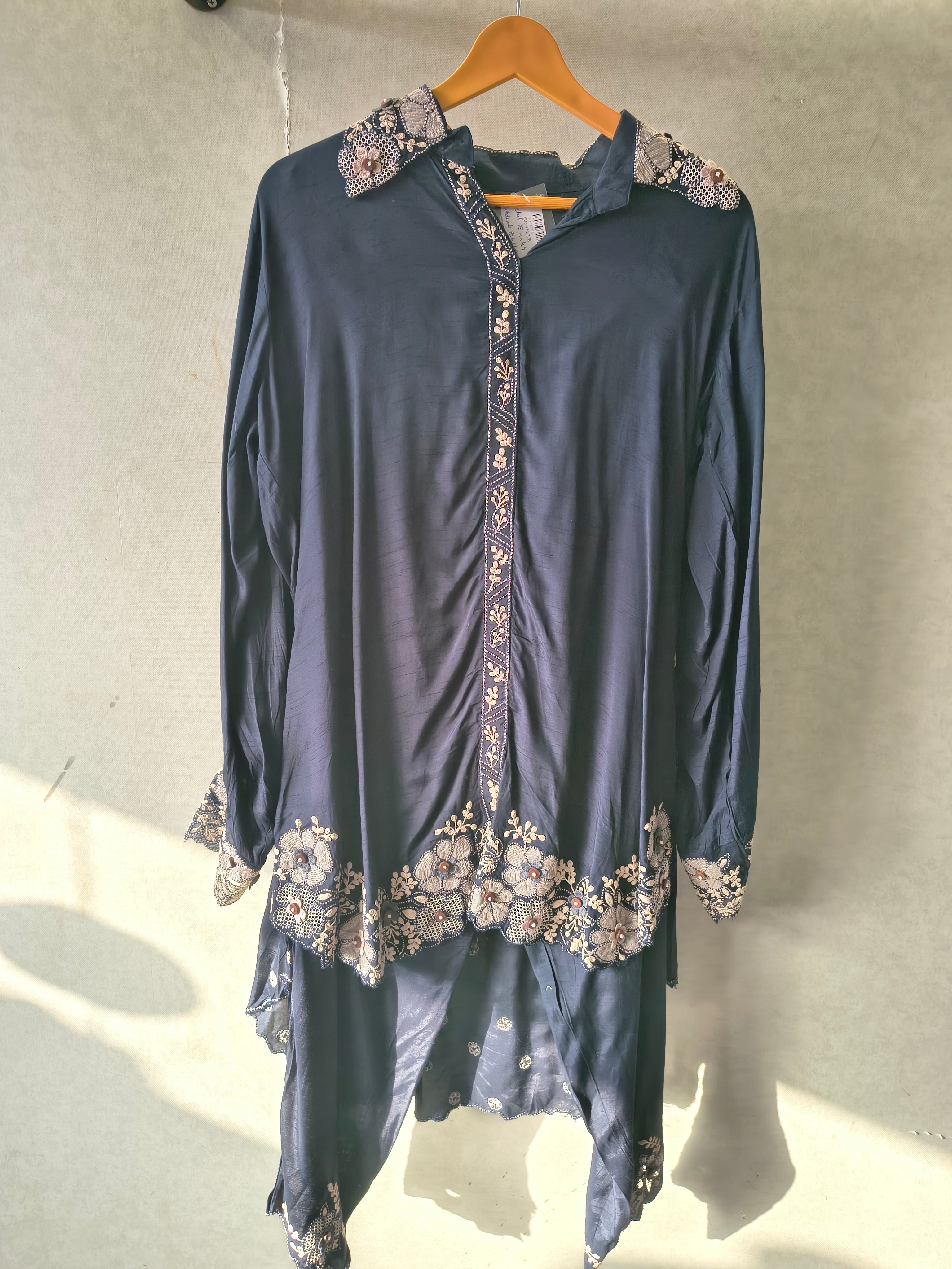 Image of Blue Embroidered Designer Co-Ord Set with Organza Hem