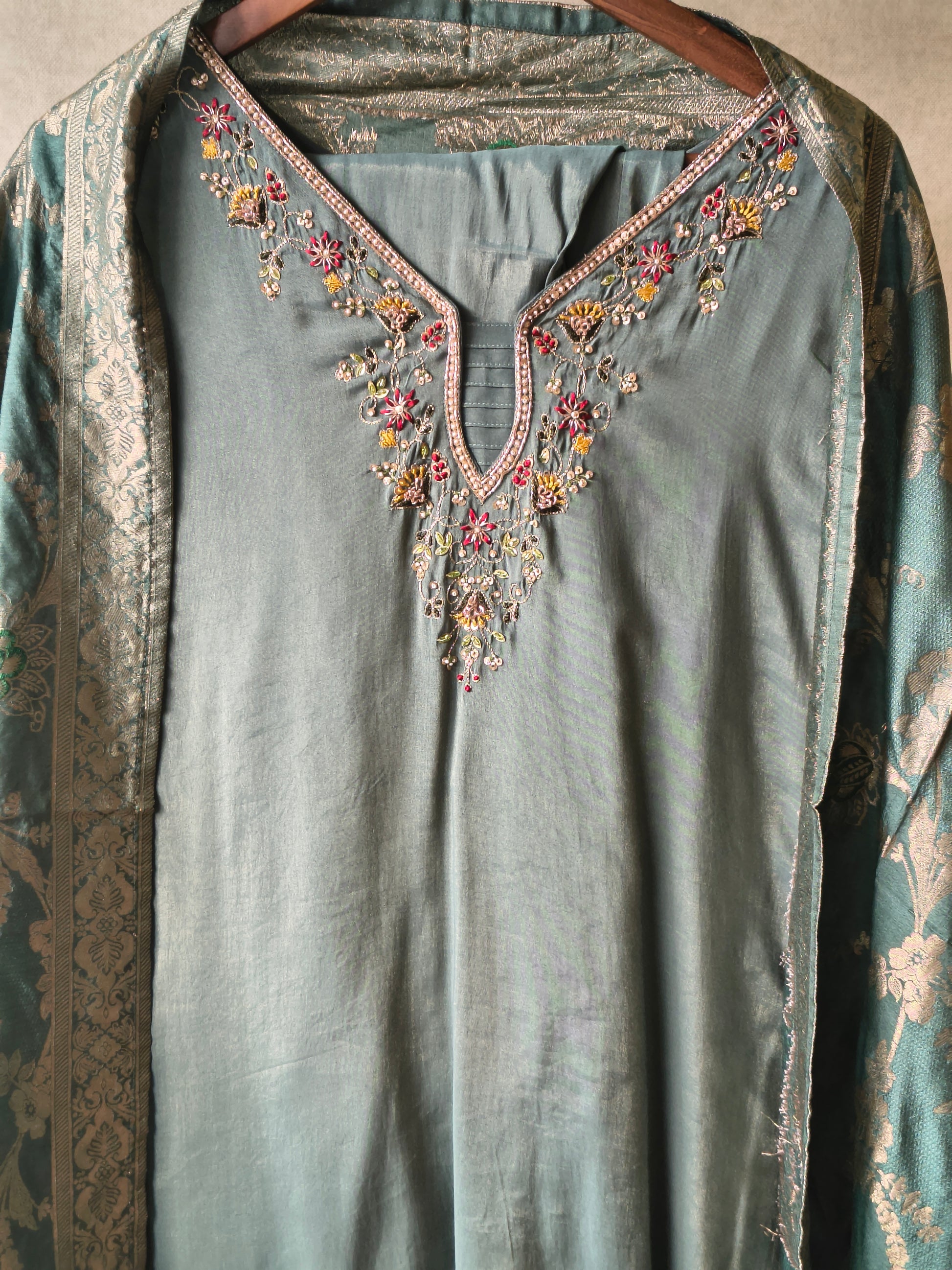 Premium Teal Silk Blend Embroidered Kurta Set with Woven Dupatta & Straight Pants