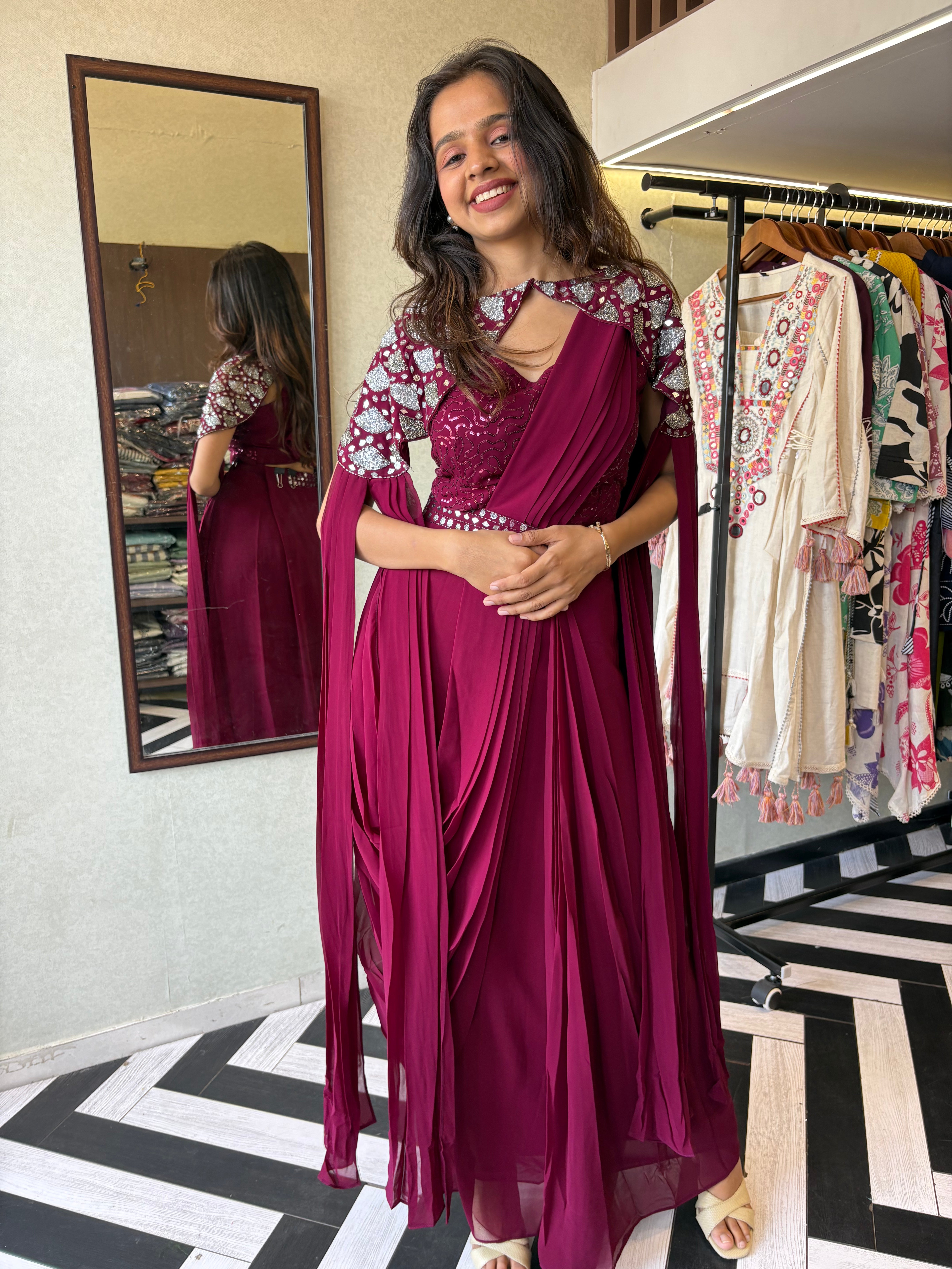 Image of Our Maroon Georgette 3-Piece Saree-Style Indo-Western Set, where classic charm meets modern flair.