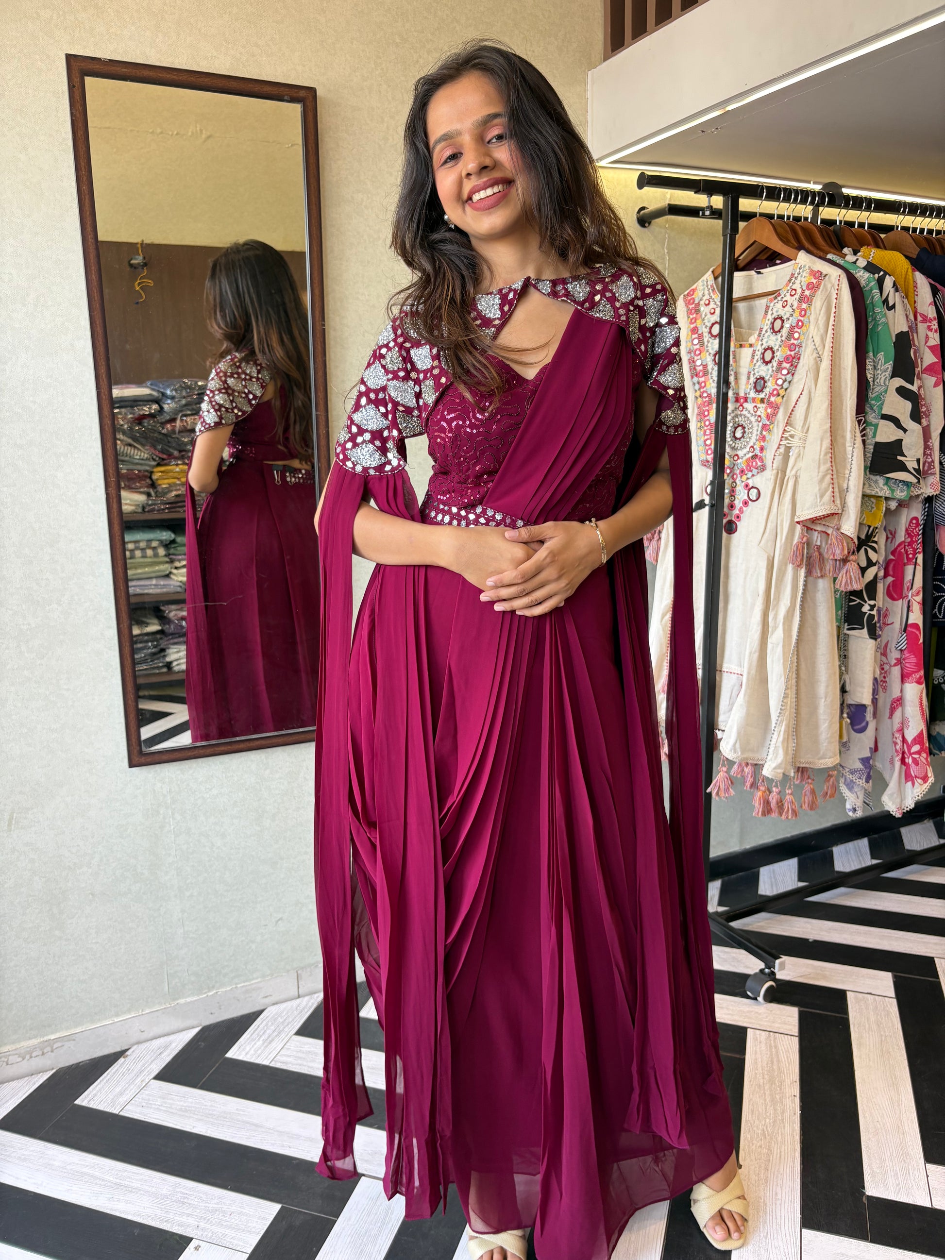 Our Maroon Georgette 3-Piece Saree-Style Indo-Western Set, where classic charm meets modern flair.