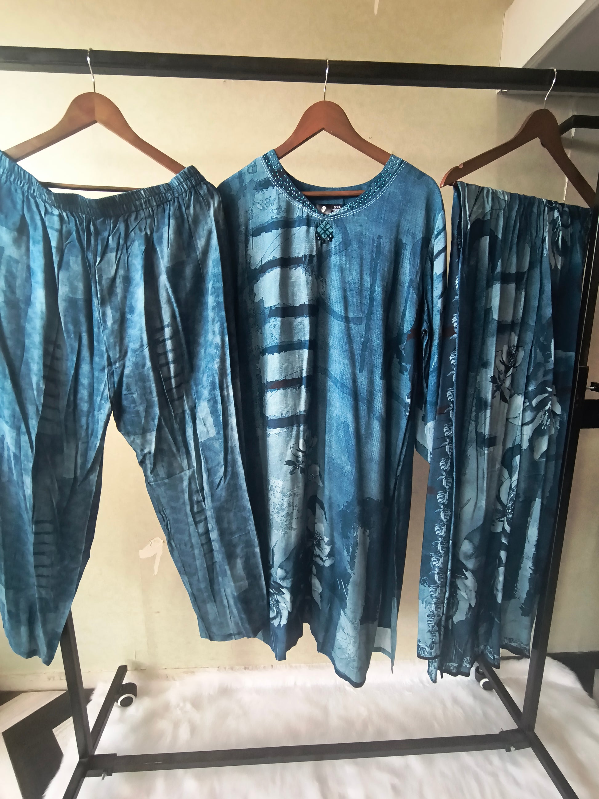 Premium Teal Blue Abstract Printed Kurta Set with Pants & Dupatta