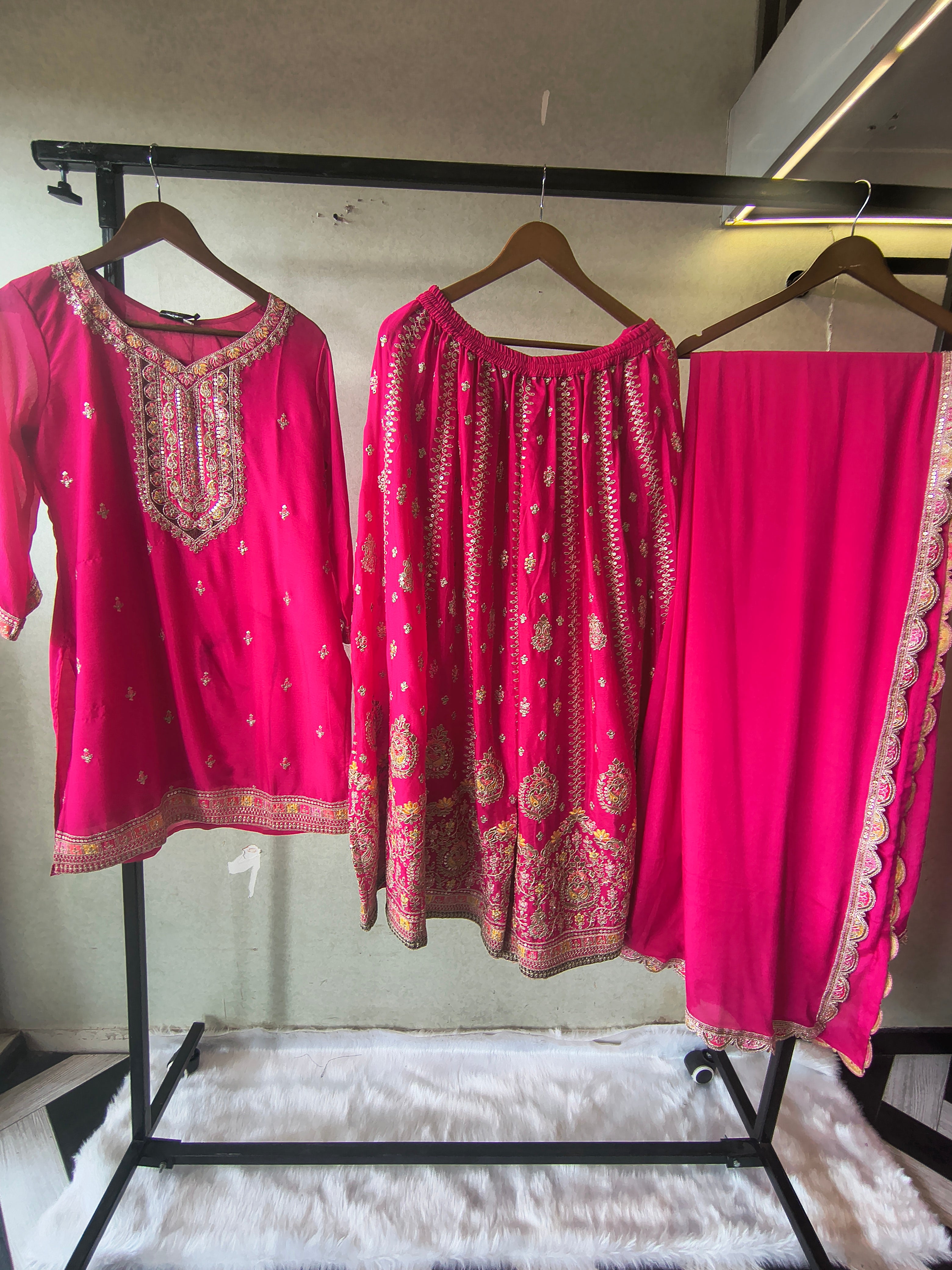 Image of Rani Pink Embroidered Kurta Sharara Set with Scalloped Dupatta – Premium 3 Piece Festive Ensemble