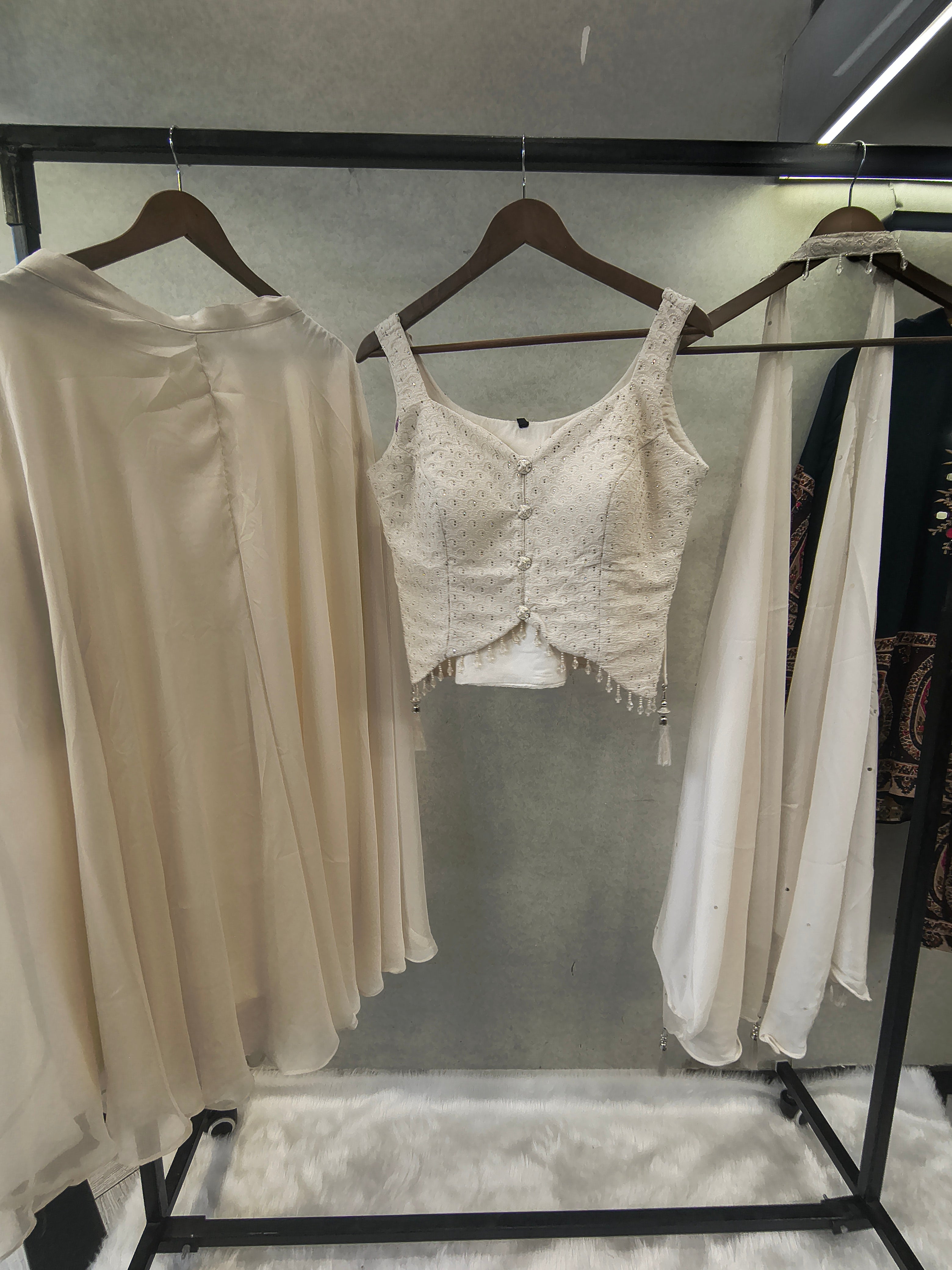 Image of Ivory Embroidered Designer Blouse with Flared Palazzo & Choker Dupatta – 3 Piece Indo-Western Festive Set