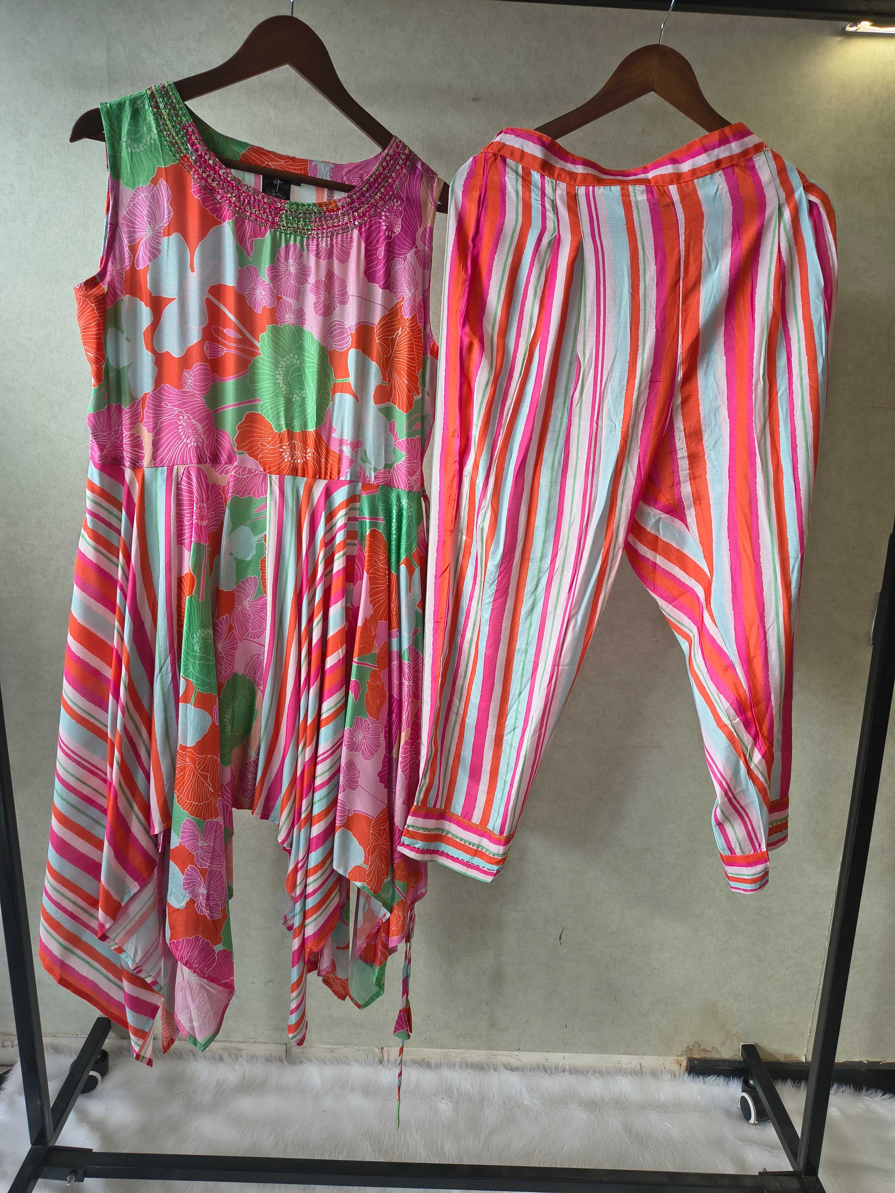 Image of Premium Tropical Floral Handkerchief Kurta with Striped Tapered Pants Co-Ord Set