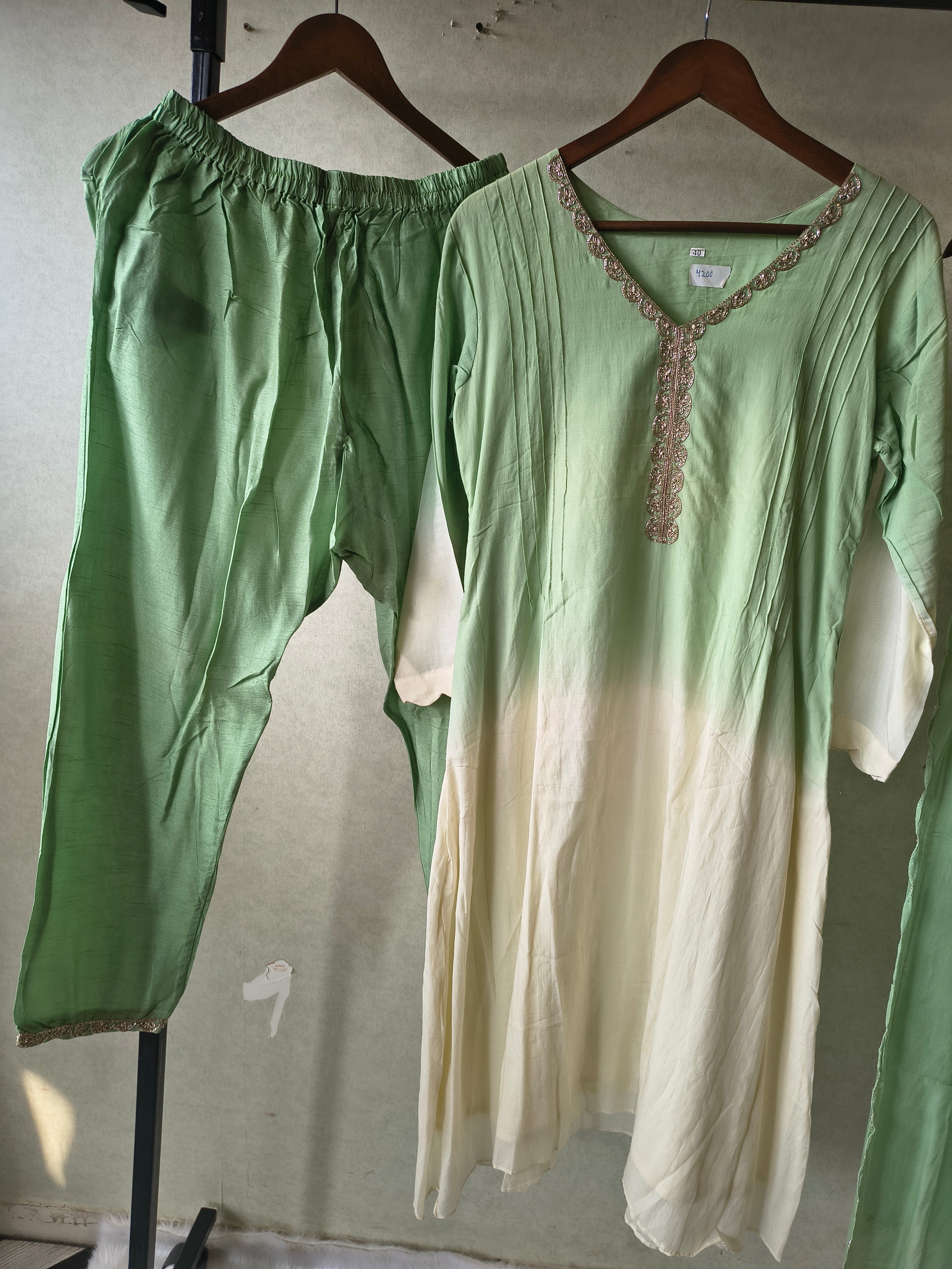 Image of Mint Green Ombre Silk Blend Kurta Set with Embellished Neckline & Matching Dupatta – Premium 3 Piece Ethnic Ensemble