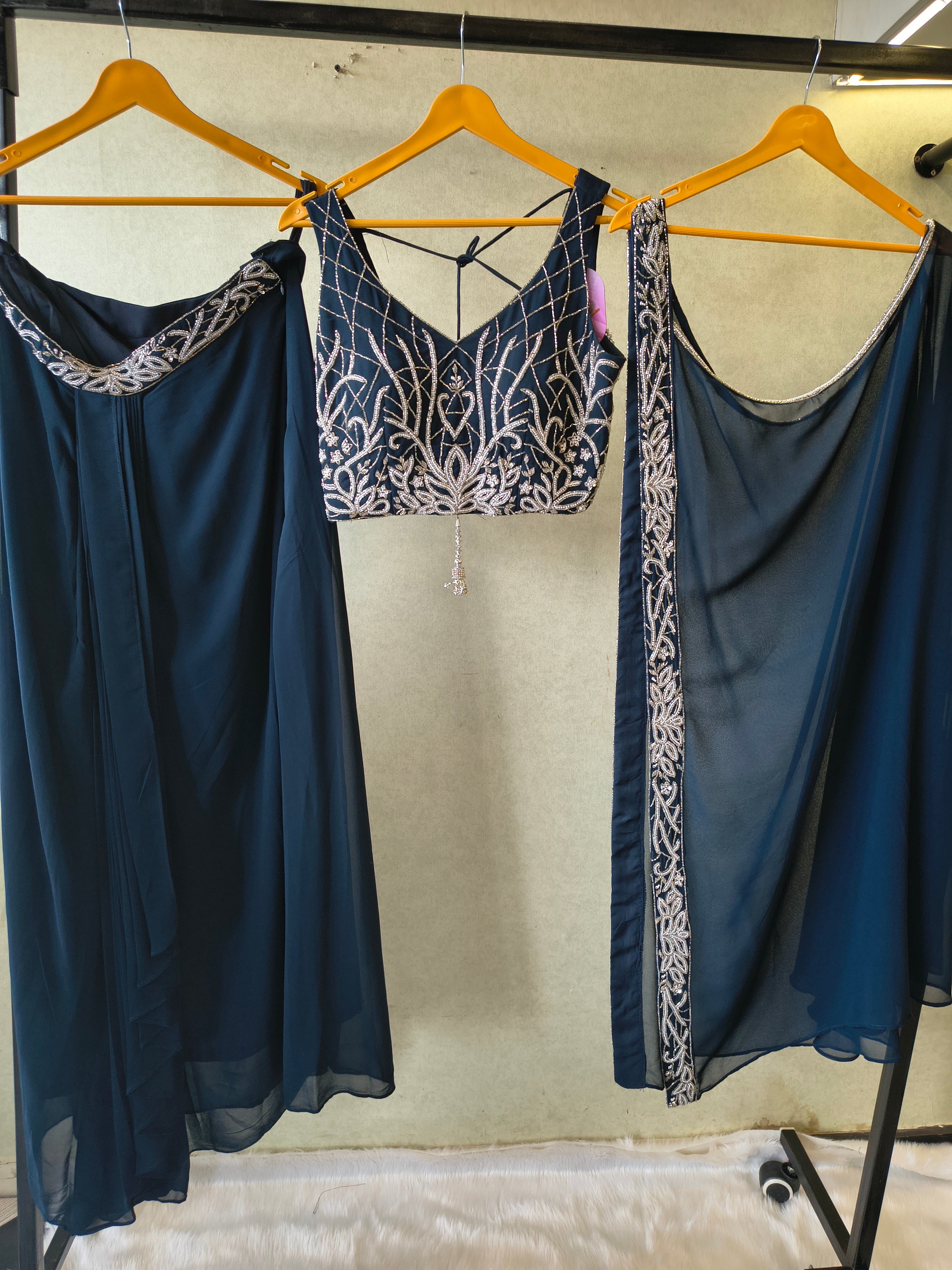 Image of Midnight Navy Embroidered Designer Blouse with Flared Palazzo & Embroidered Dupatta – 3 Piece Festive Indo-Western Set