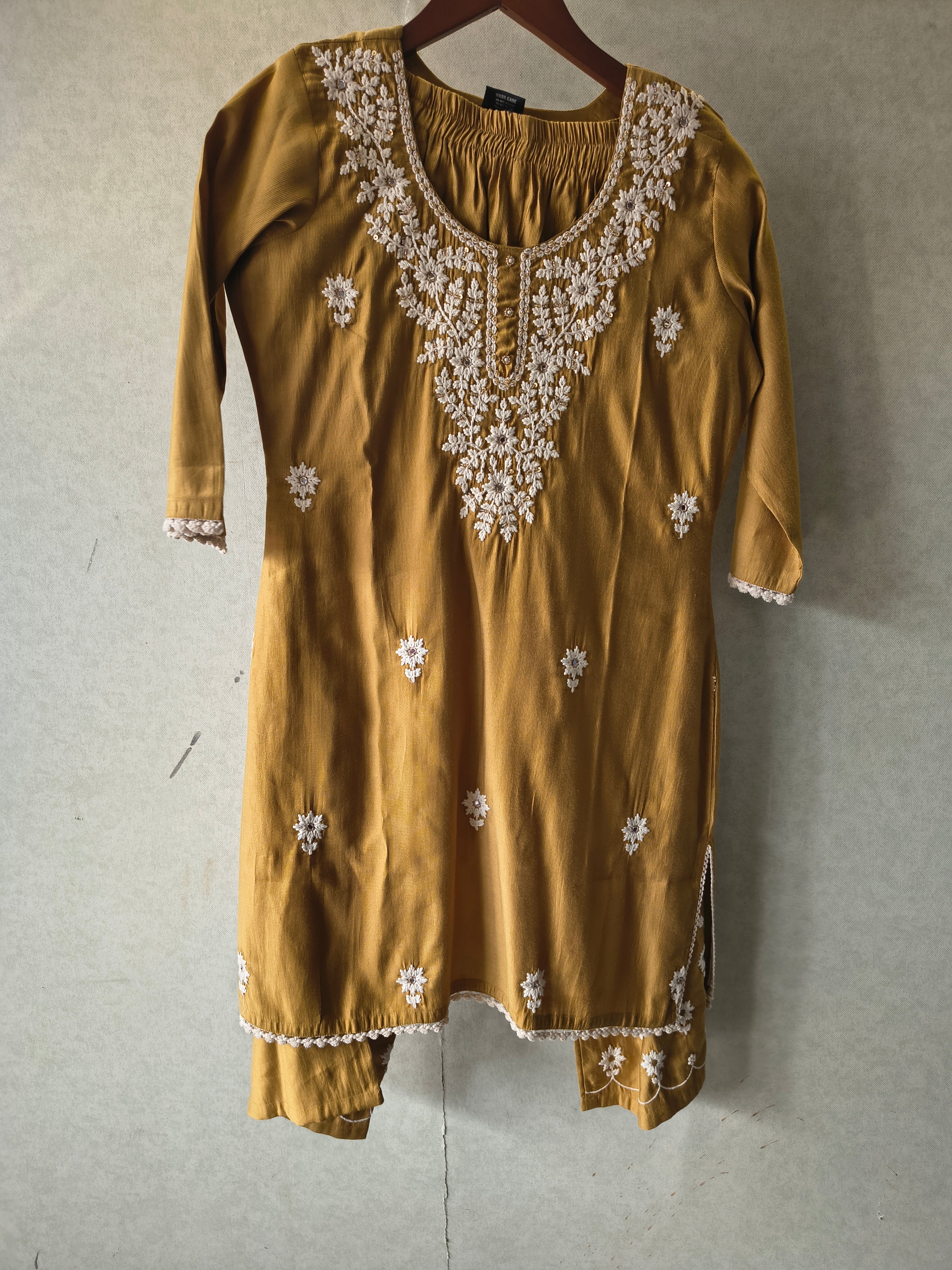 Image of Mustard Yellow White Embroidered Premium Kurta Pant Co-Ord Set