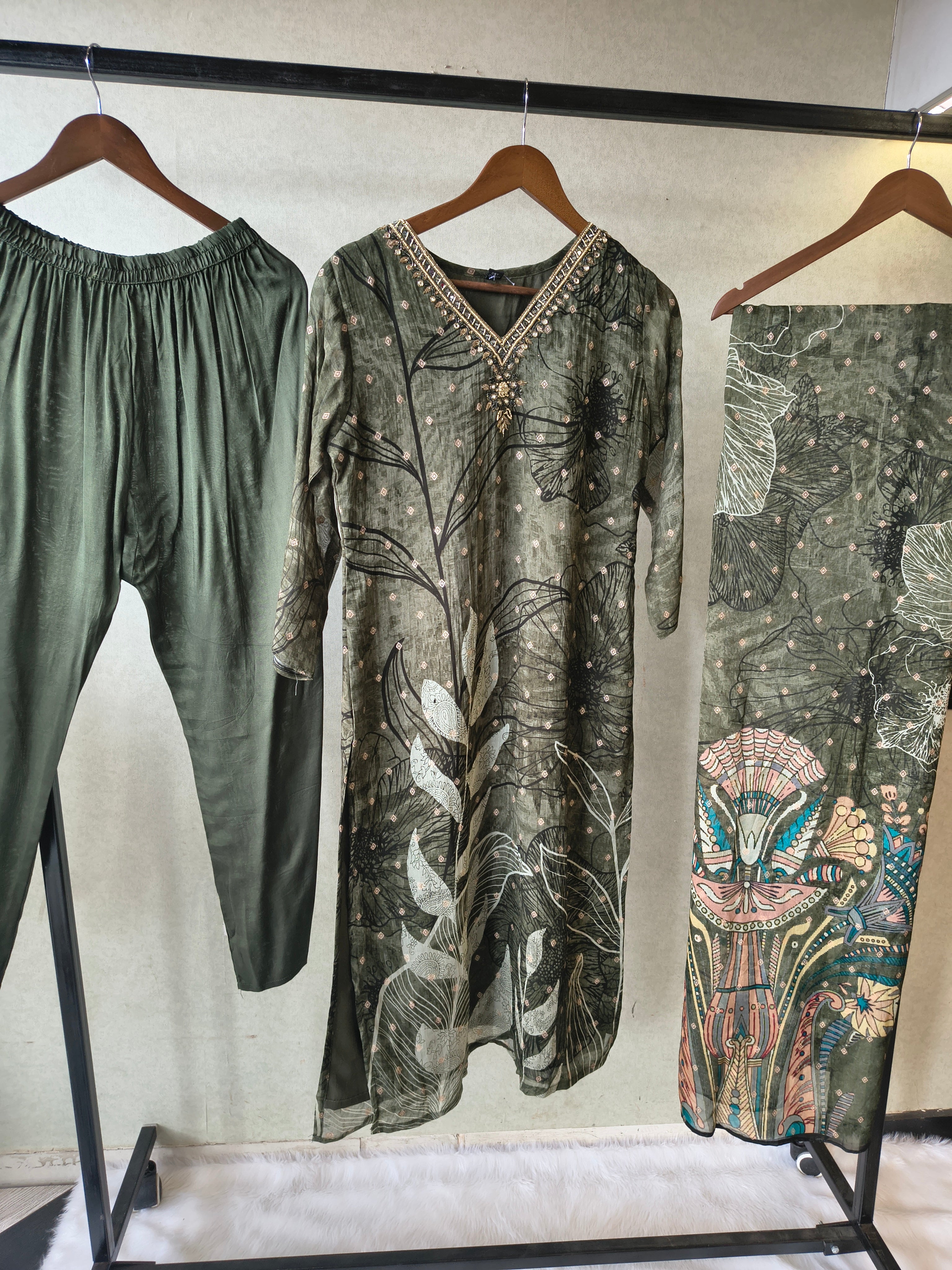 Image of Premium Olive Botanical Print Straight Kurta with Cigarette Pants & Dupatta Set