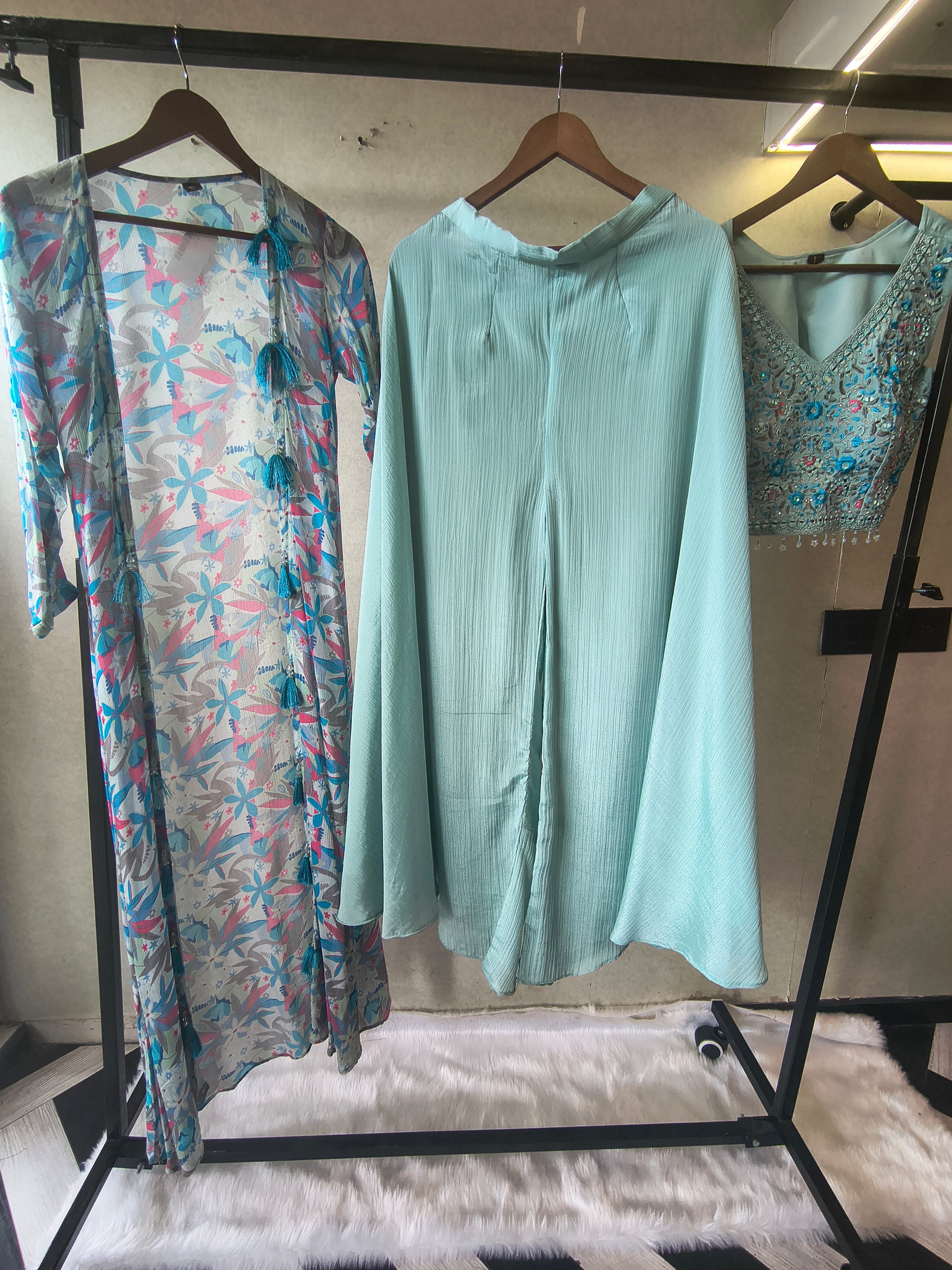 Powder Blue Mirror Embroidered Blouse with Drape Palazzo & Printed Tassel Dupatta – Designer 3 Piece Indo-Western Set