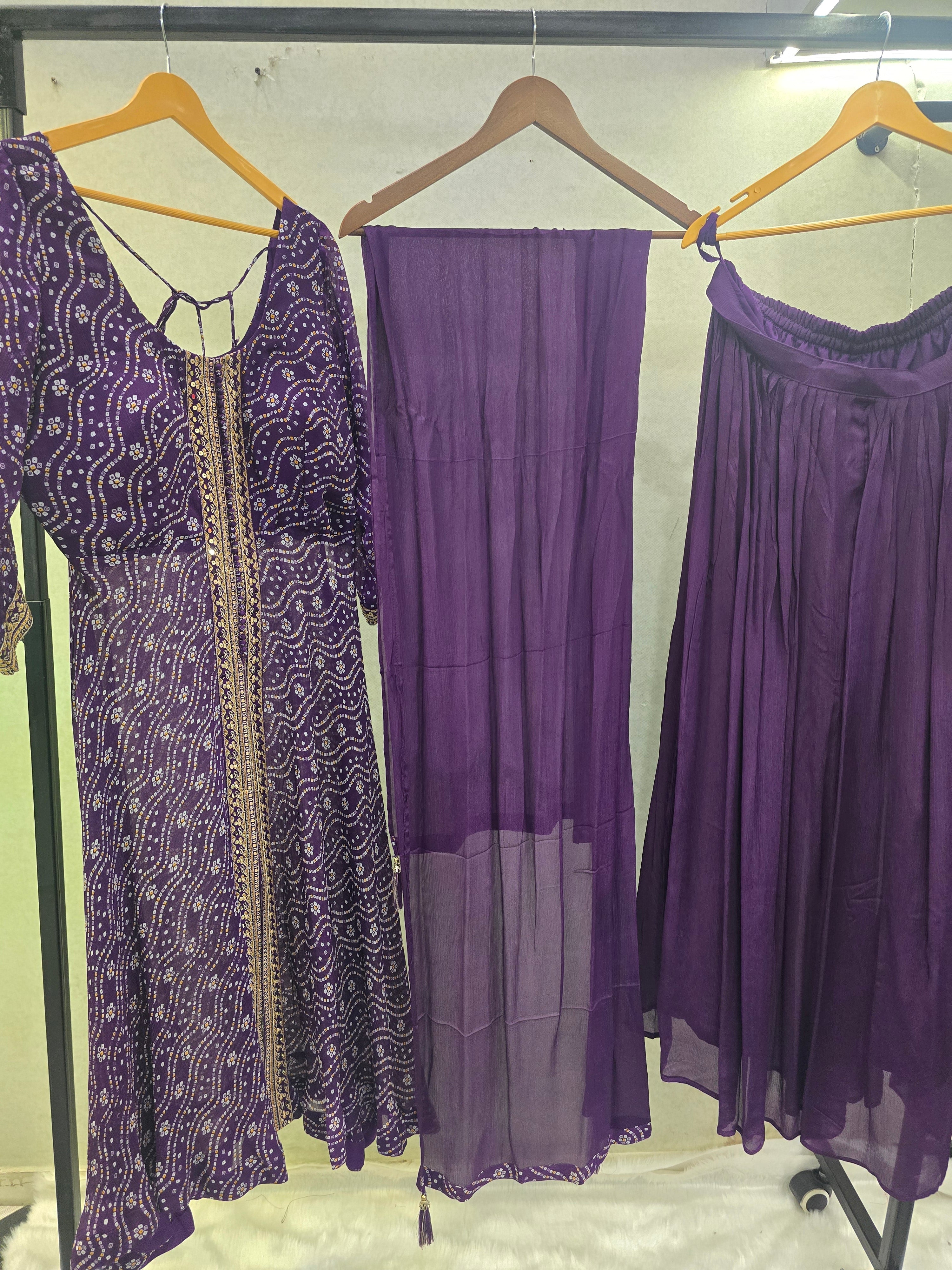 Image of Royal Purple Bandhani Print Anarkali Kurta Set with Embellished Front Panel & Flared Palazzo | Premium 3 Piece Festive Ensemble