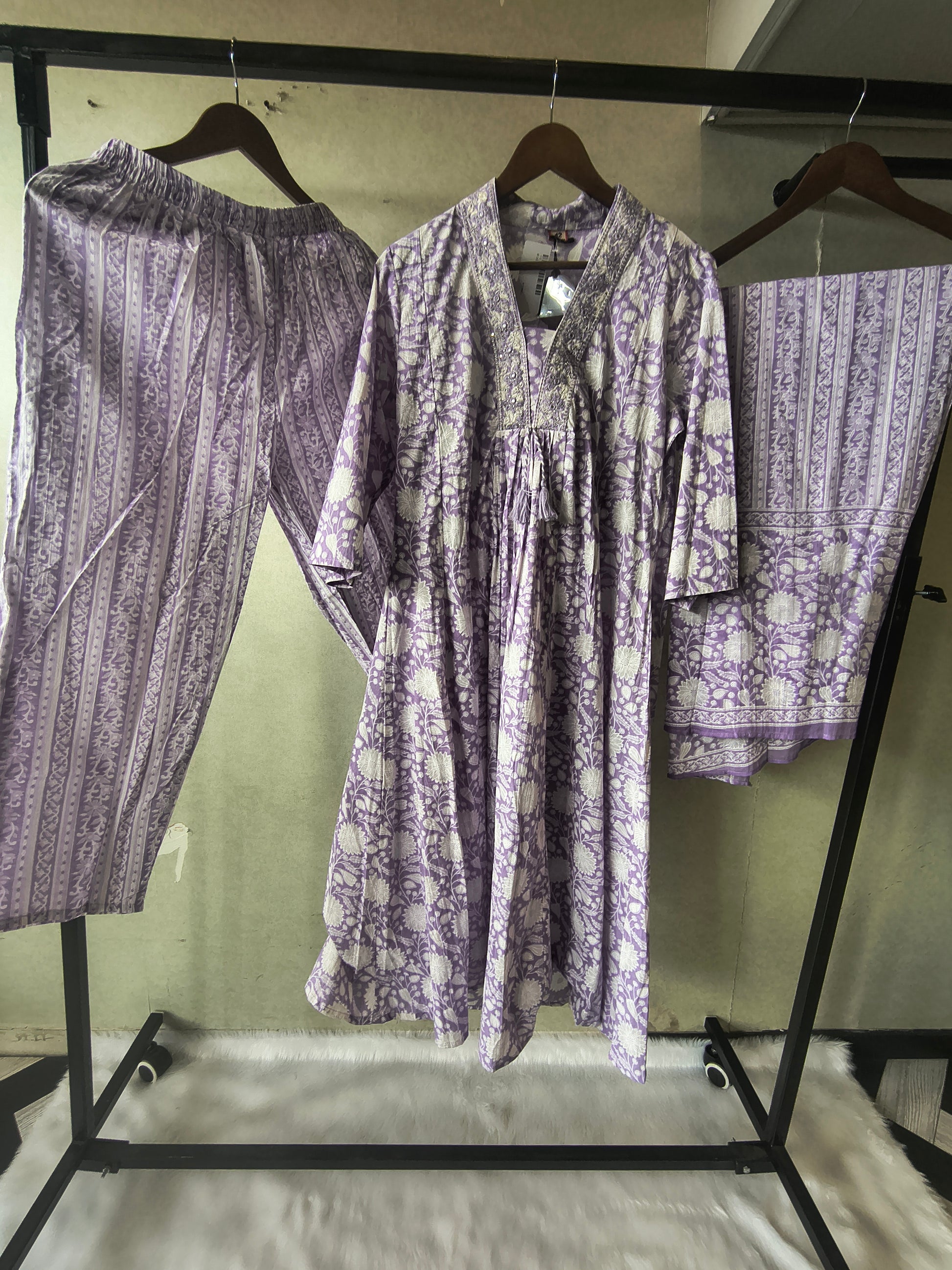 Premium Lavender Floral Printed Cotton Anarkali Kurta Set with Striped Pants & Printed Dupatta