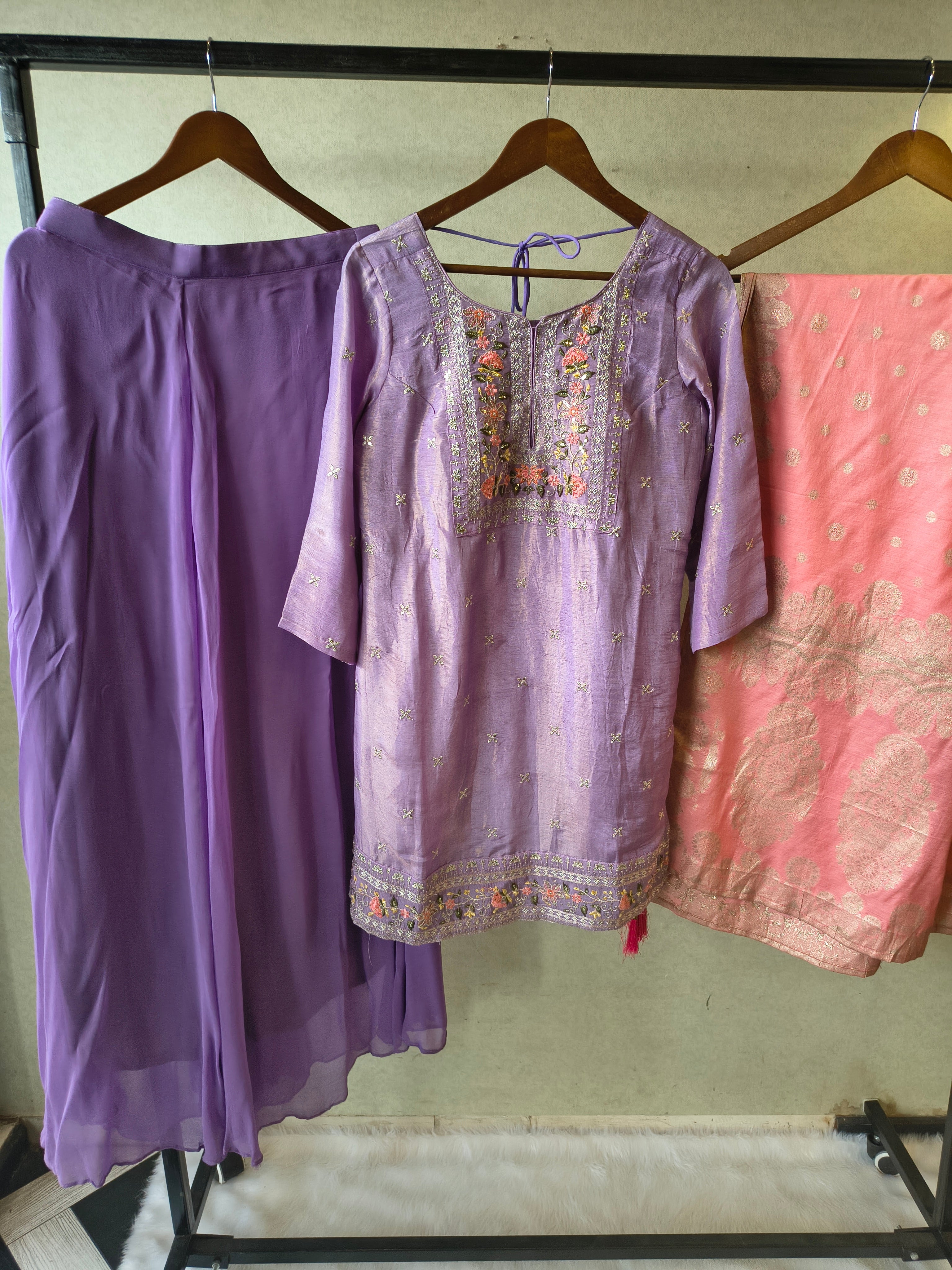 Image of Premium Lavender Embroidered Kurta with Sharara & Banarasi Dupatta Set