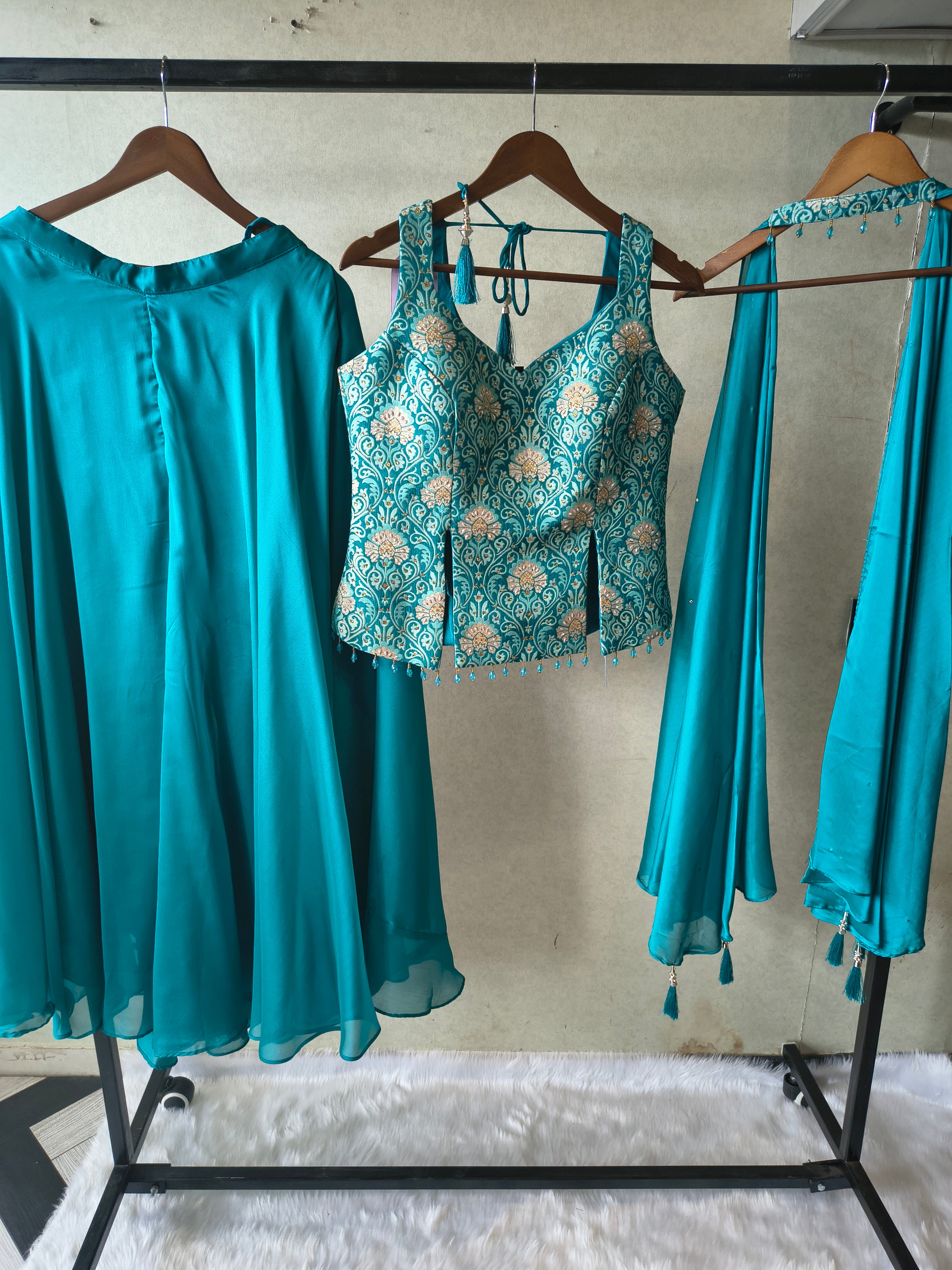 Image of Premium Turquoise Blue 3-Piece Designer Lehenga Set with Brocade Embroidered Blouse & Tassel Dupatta