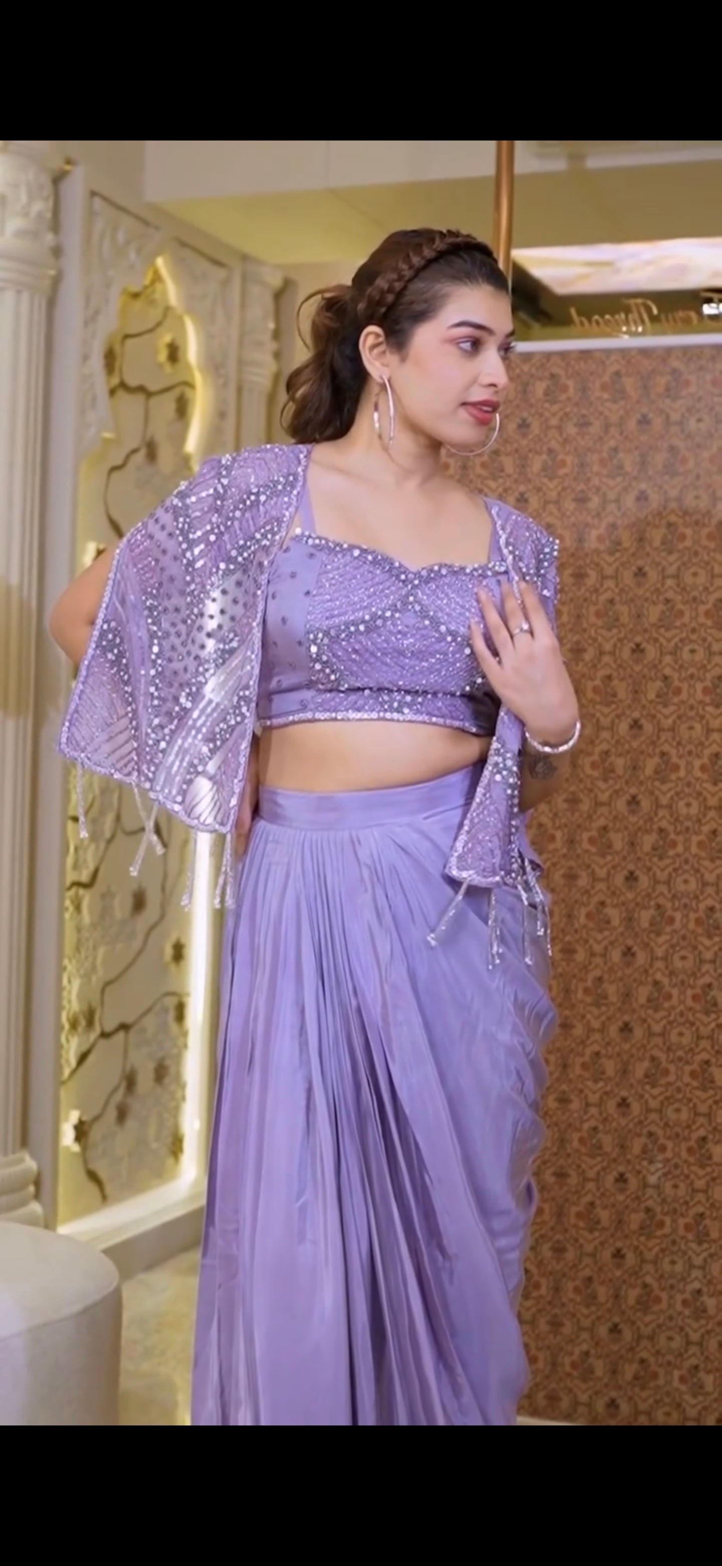 Introducing our Pure Crepe Silk Indo-Western 3-Piece Designer Set - where elegance meets exclusivity &
Fully Handworked Jacket, Saree-Style Bottom with graceful flow