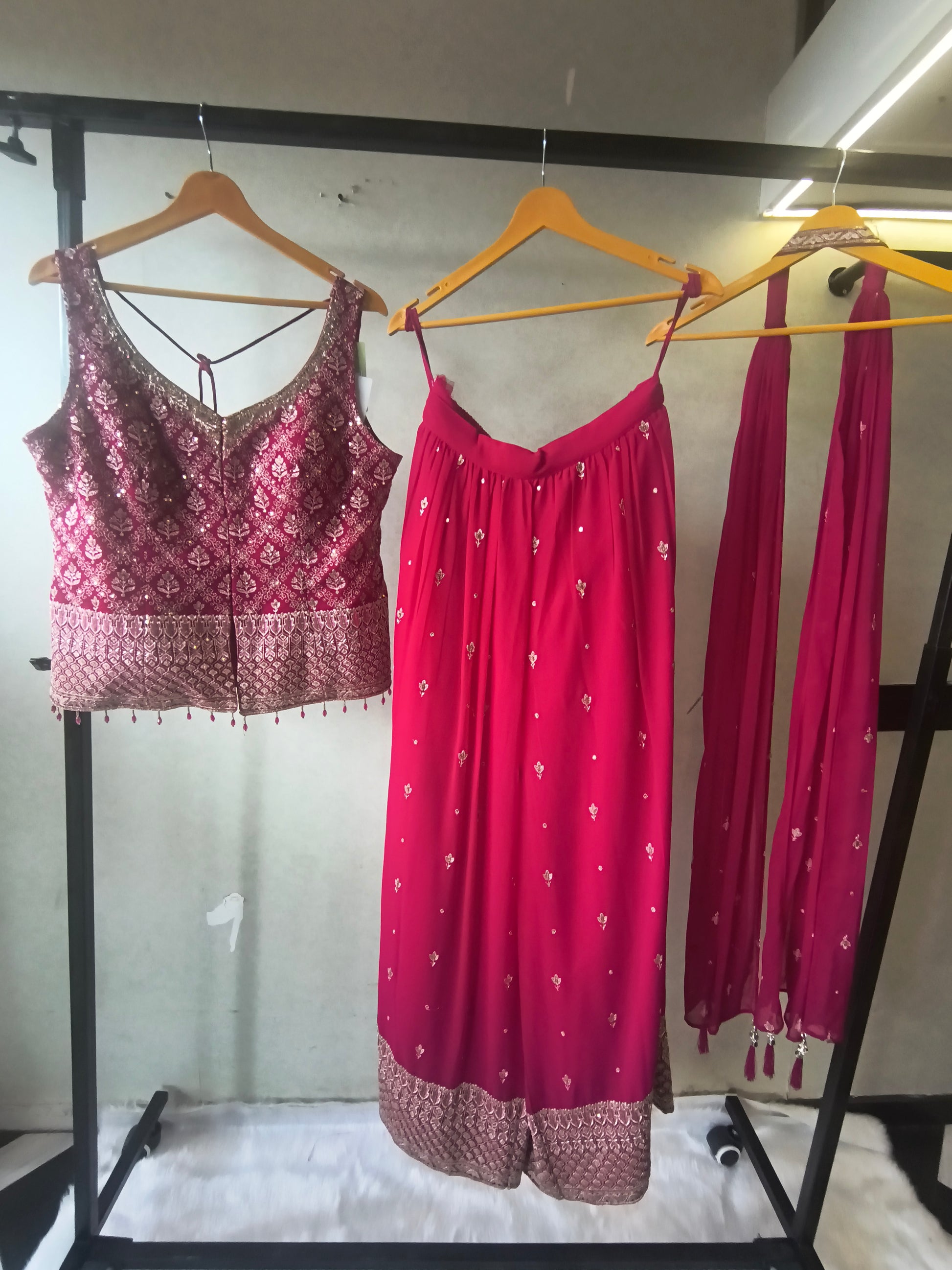 Rani Pink Zari Woven Blouse with Flared Palazzo & Embellished Dupatta – Designer 3 Piece Festive Set