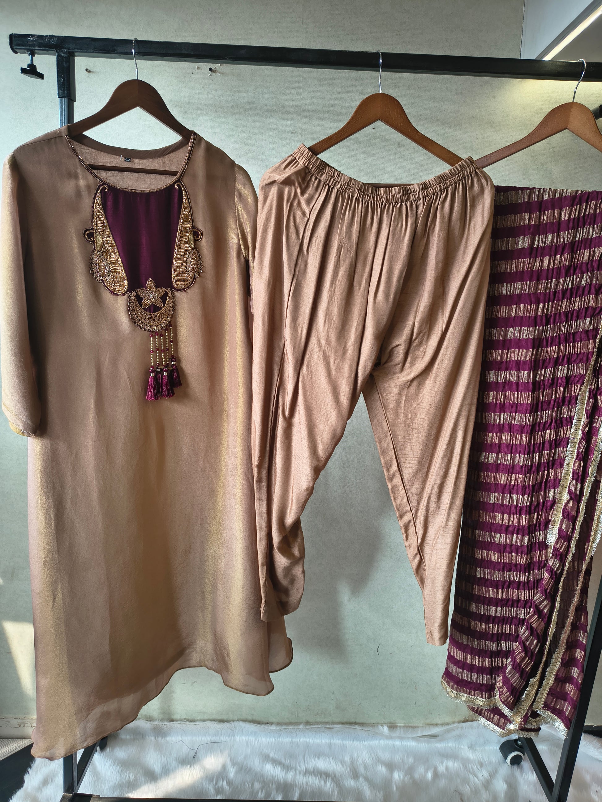 Champagne Gold Silk Blend Kurta Set with Statement Hand-Embellished Neckline & Striped Designer Dupatta – Premium 3 Piece Ethnic Ensemble