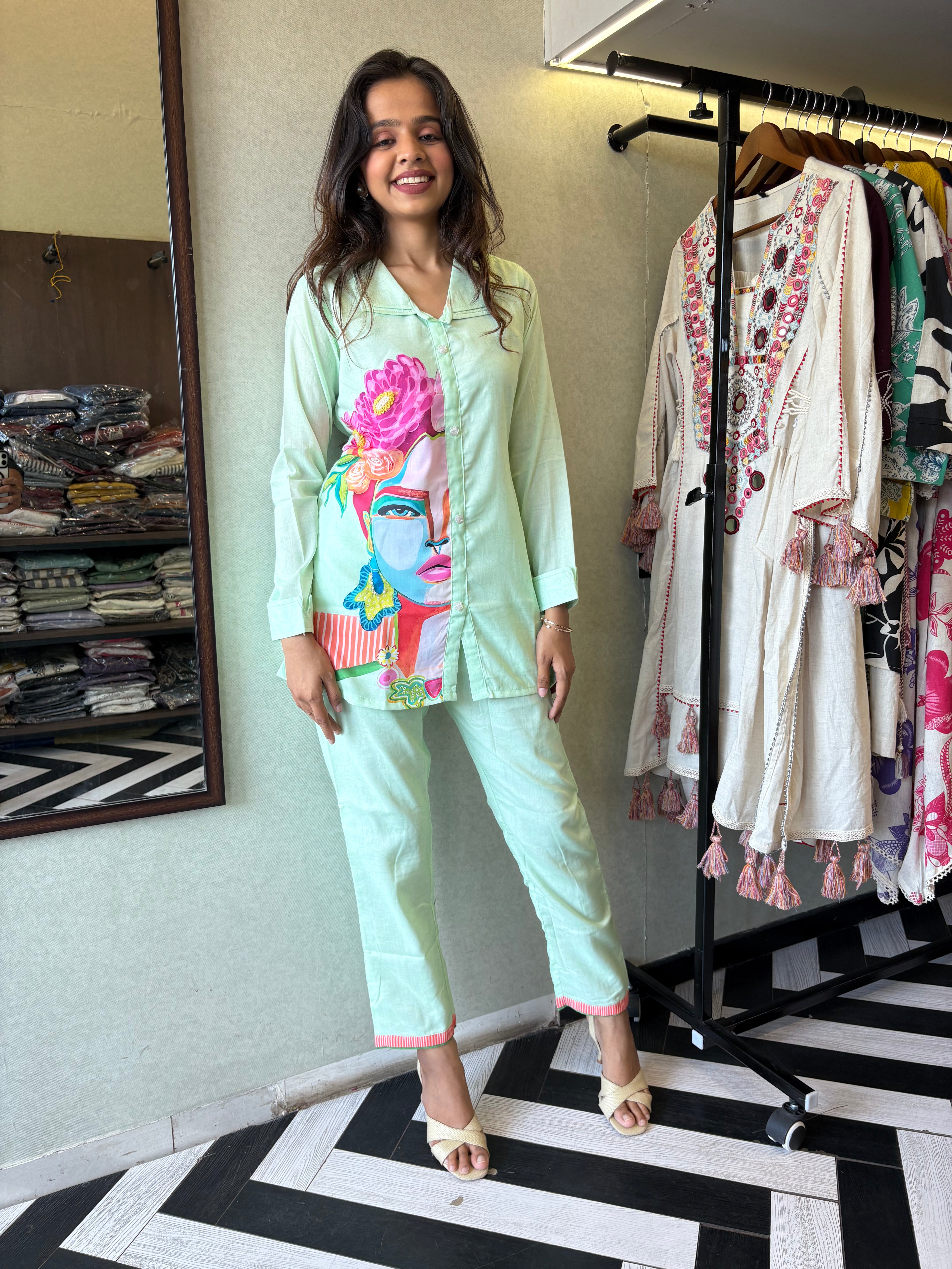 Pure cotton 2-piece coord set in soothing pista color - designed with elegant prints and made for all-day comfort.