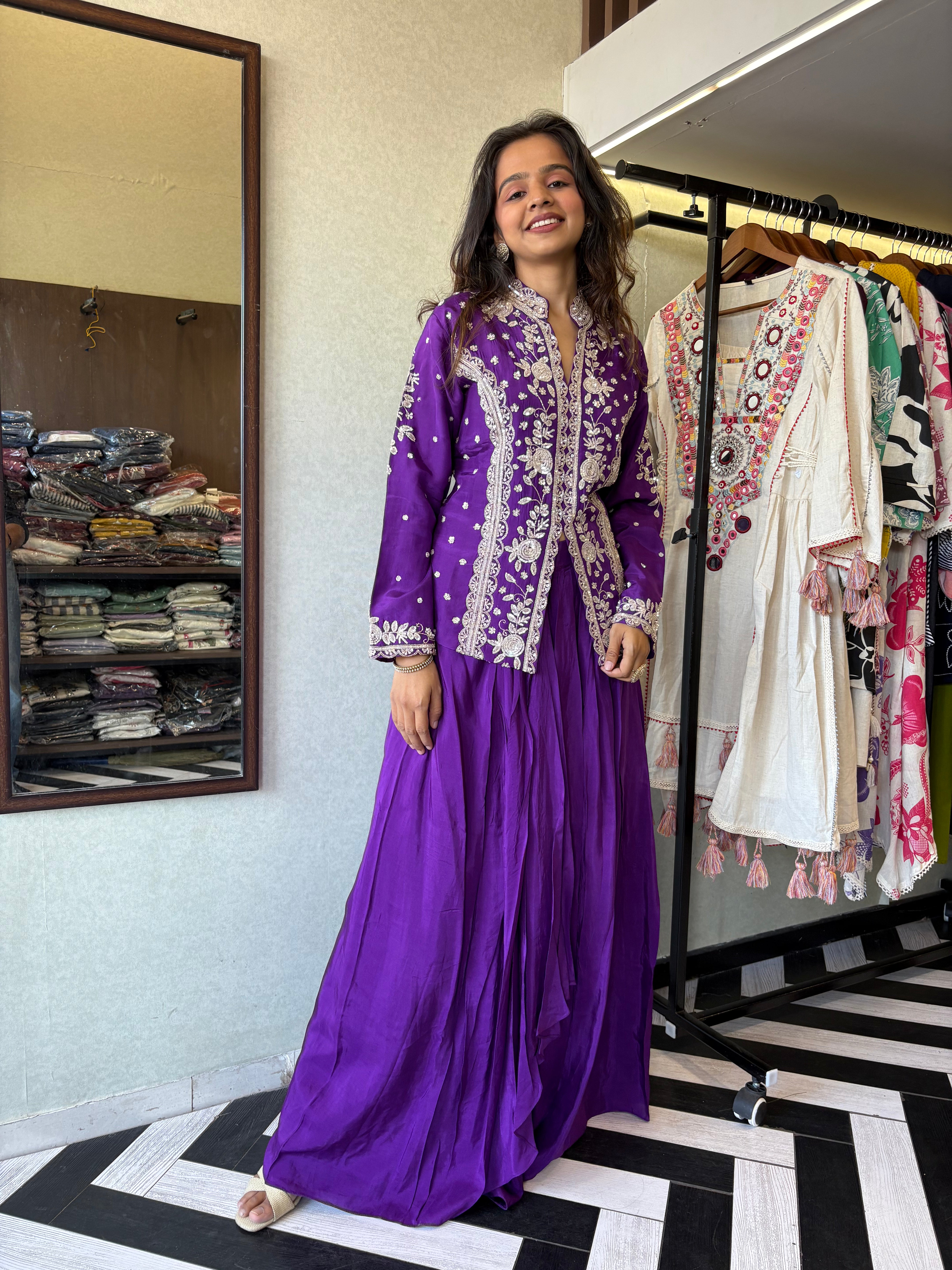 Be the showstopper in this premium pure silk Indo-Western 3-piece set