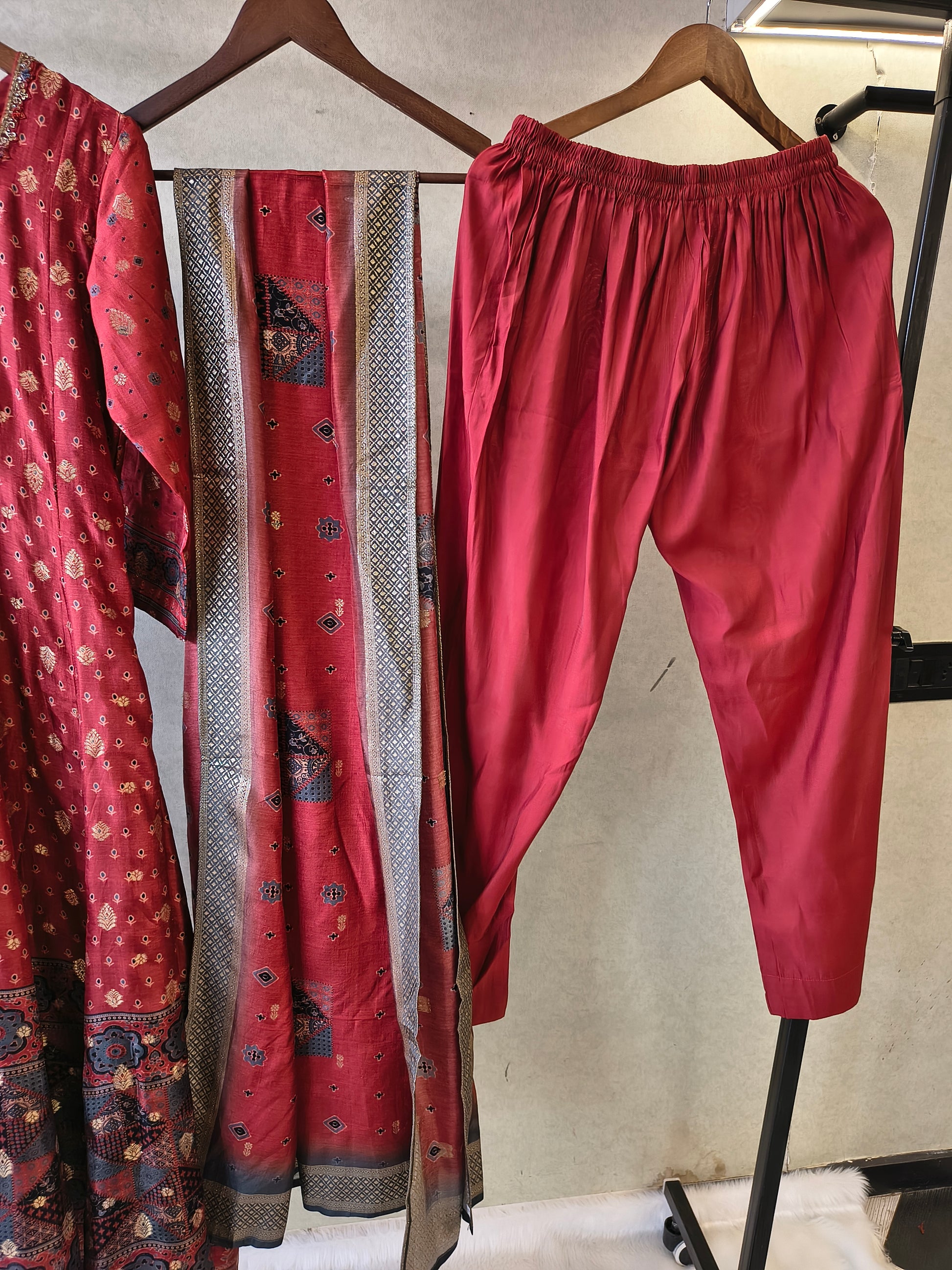 Rust Maroon Ethnic Printed Designer Kurta Set with Woven Dupatta | Premium 3 Piece Festive Suit