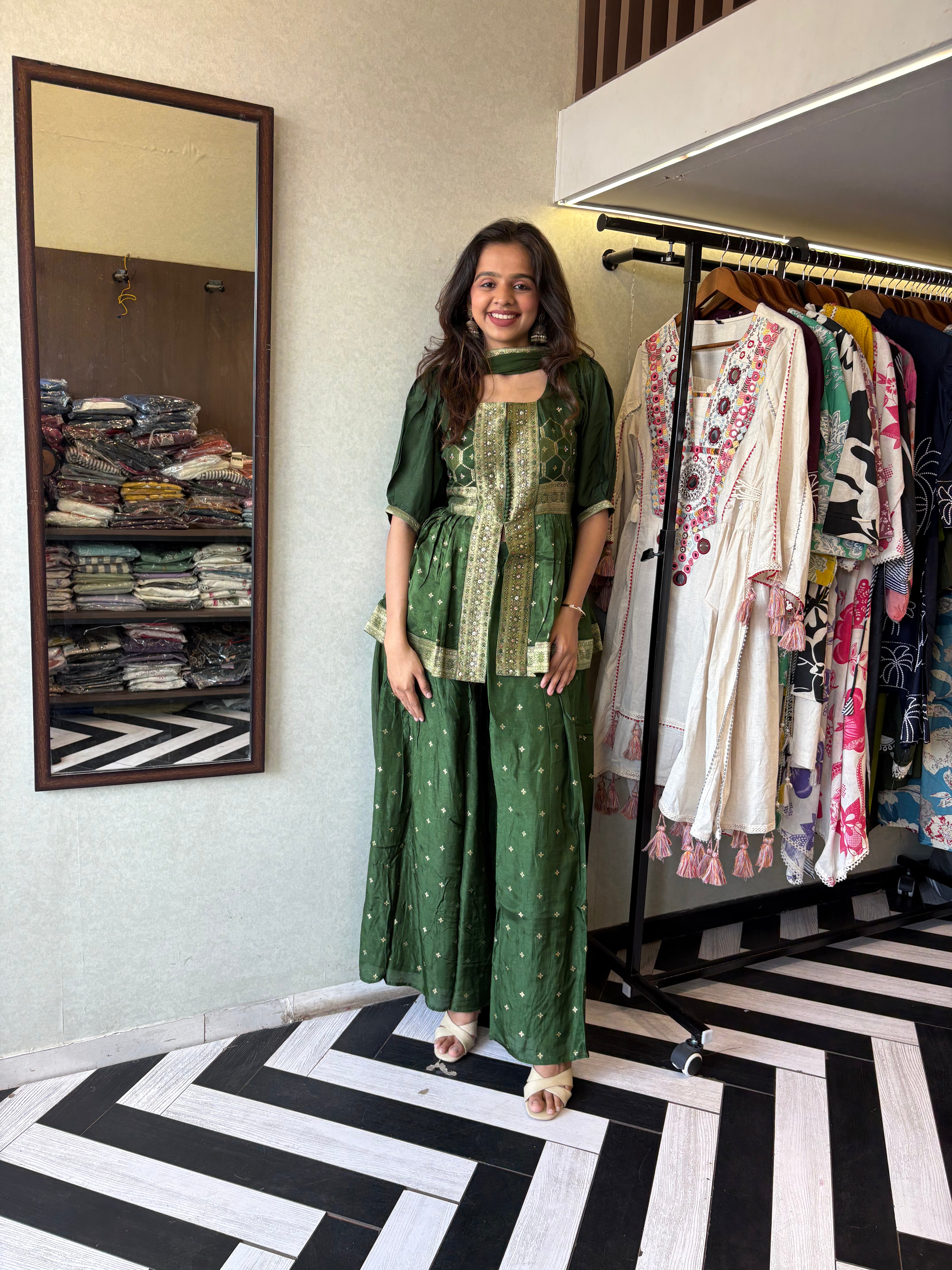 Image of our premium pure silk 3-piece Indo-Western set in stunning green! From dazzling mirror & handwork on the jacket-style top to the flowing plazzo and dupatta