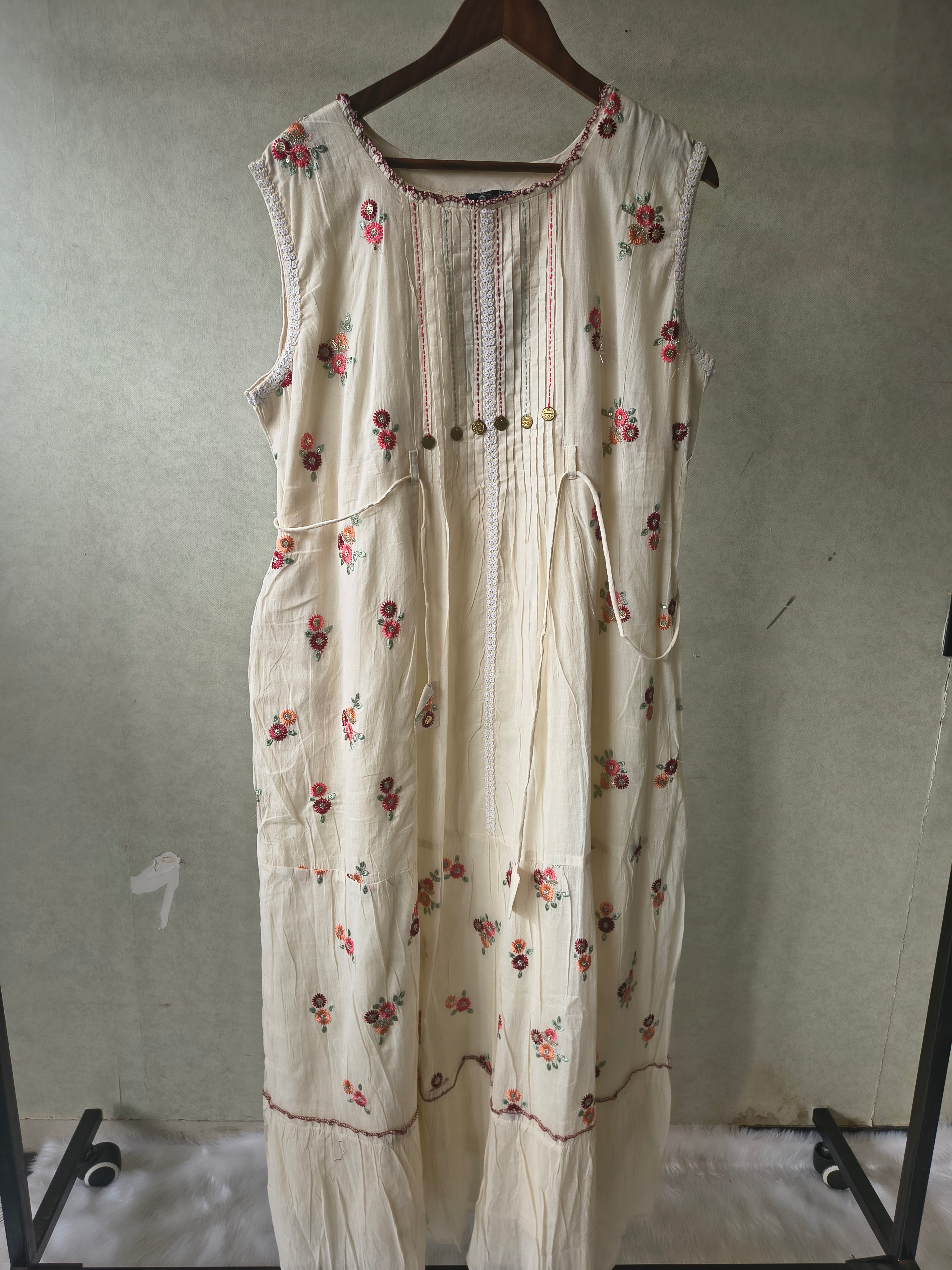 Image of Premium Ivory Floral Embroidered Sleeveless Tiered Maxi Dress with Pintuck Detailing