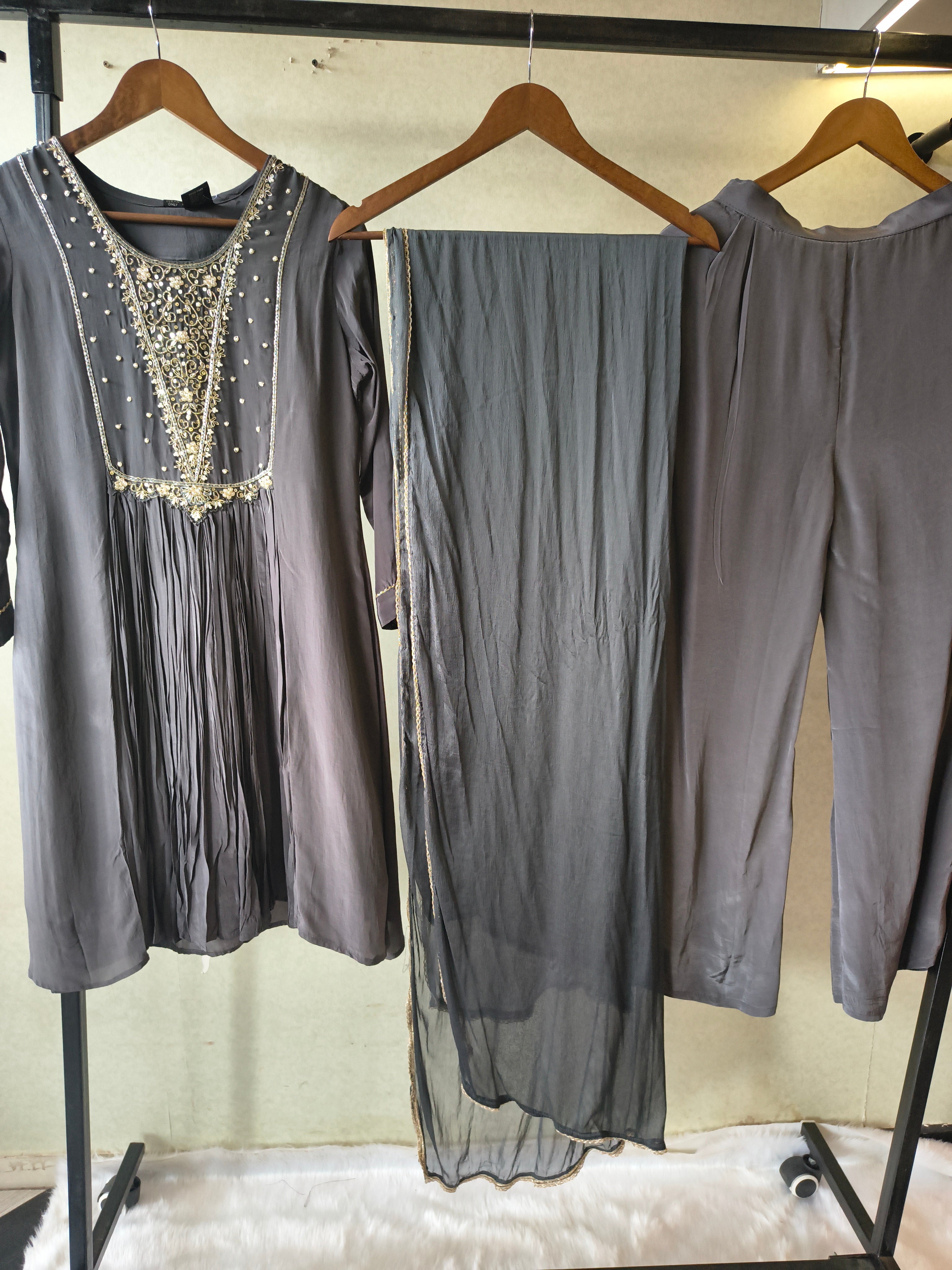 Image of Charcoal Grey Hand Embroidered Anarkali Kurta Set with Churidar Pants & Sheer Dupatta – Premium 3 Piece Festive Ensemble