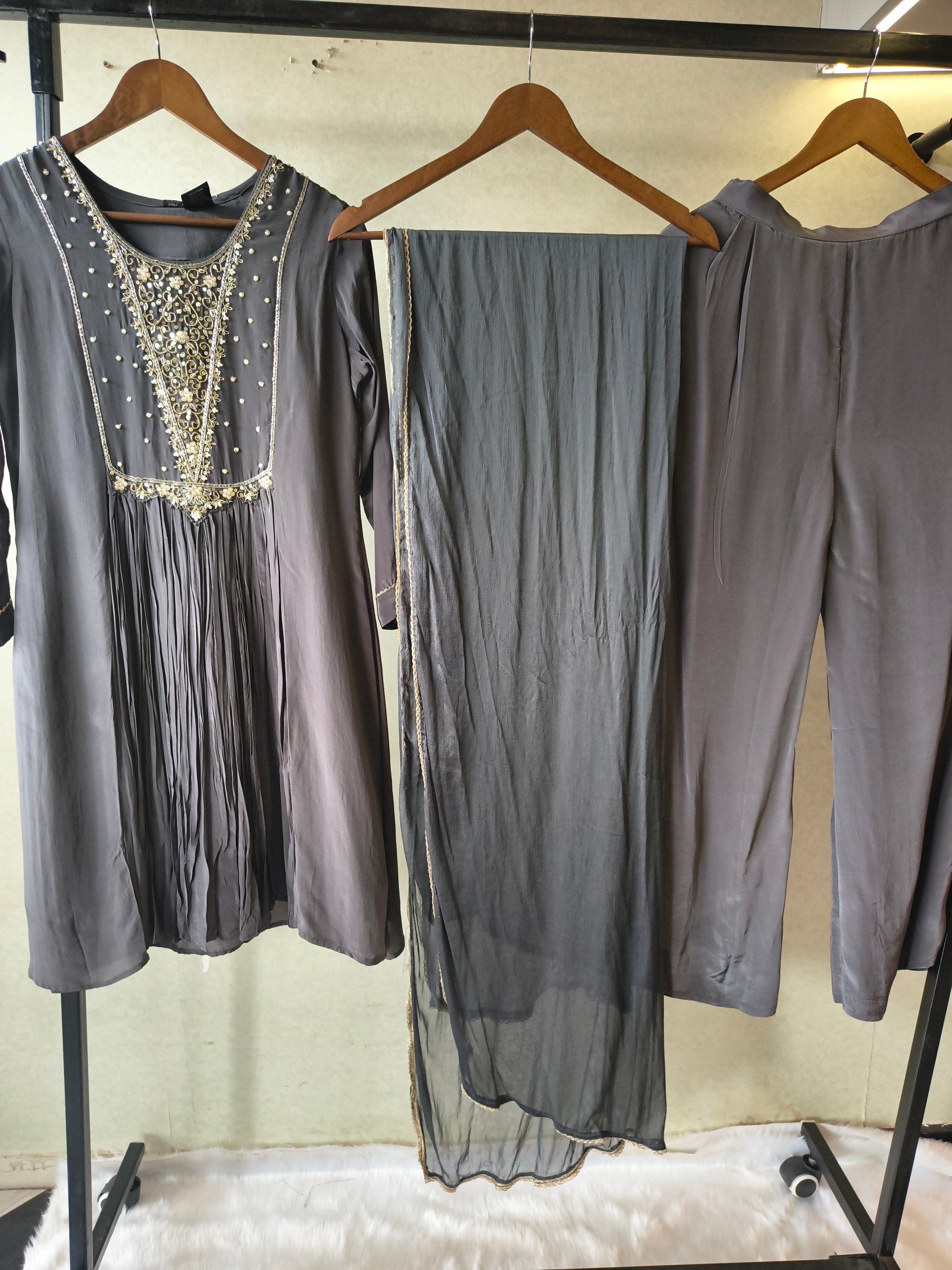 Charcoal Grey Hand Embroidered Anarkali Kurta Set with Churidar Pants & Sheer Dupatta – Premium 3 Piece Festive Ensemble