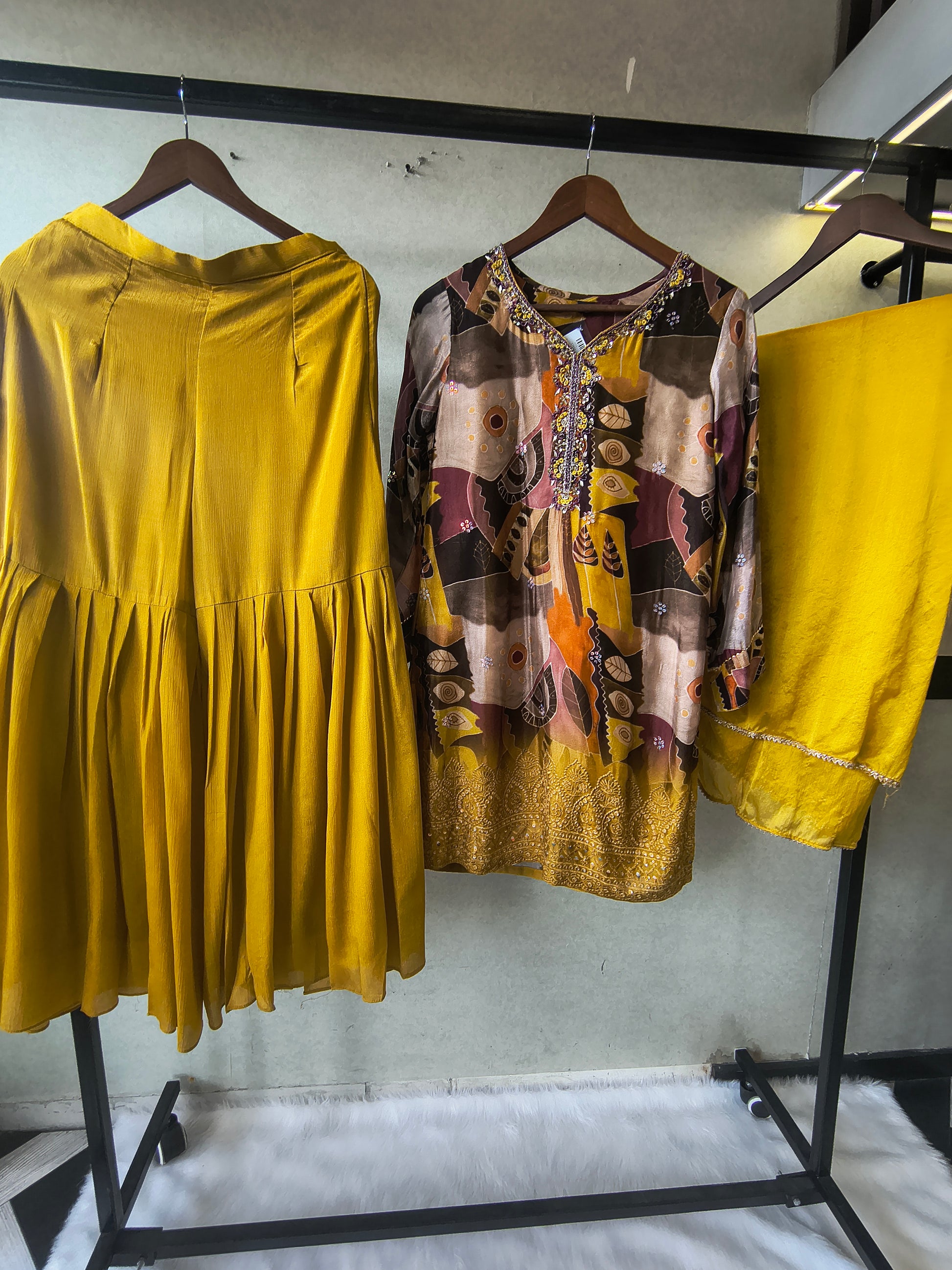 Premium Mustard Abstract Printed Kurta with Sharara & Dupatta Set