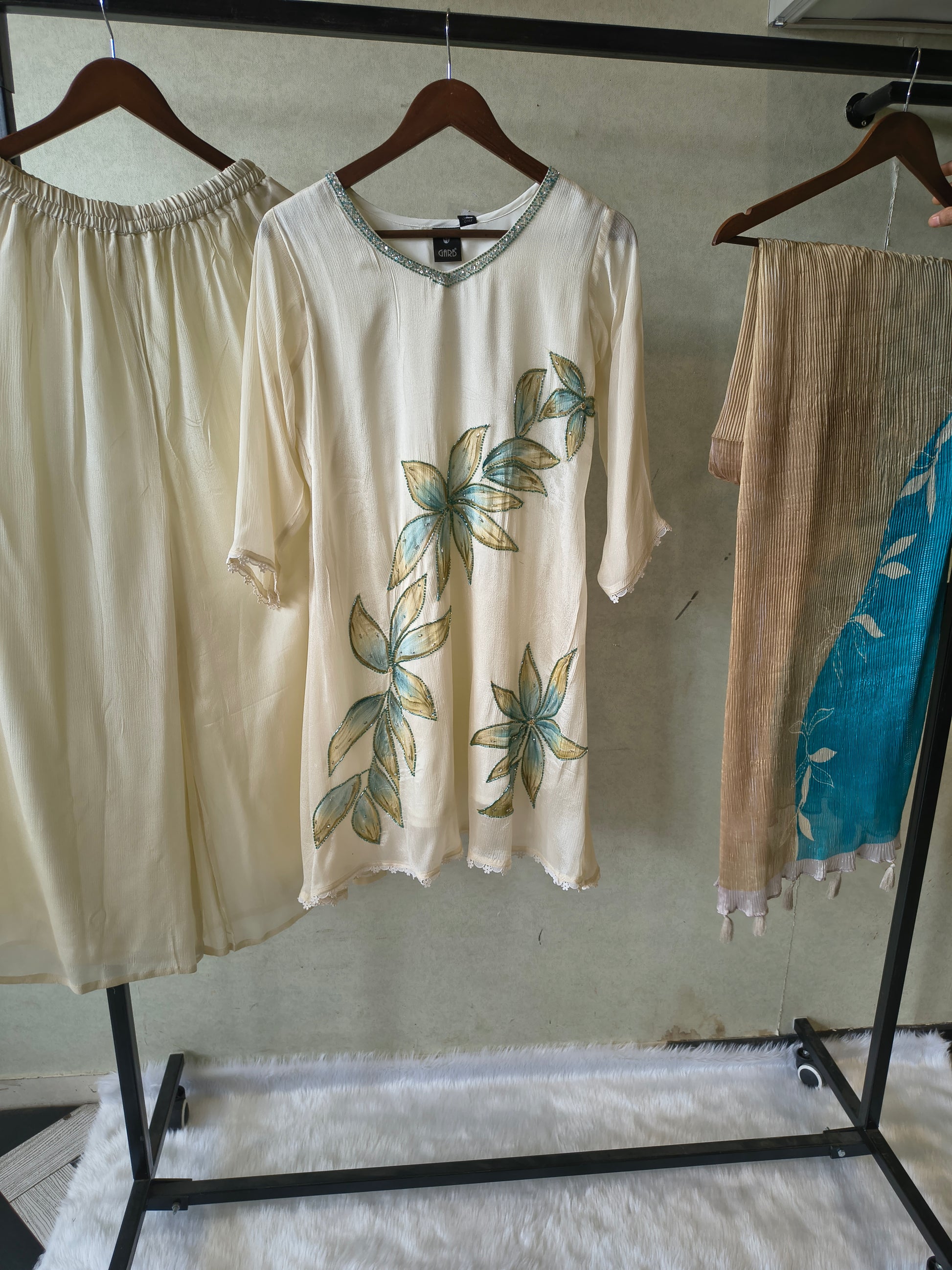 Ivory Floral Hand-Painted Three-Piece Kurta Set with Palazzo & Ombre Dupatta