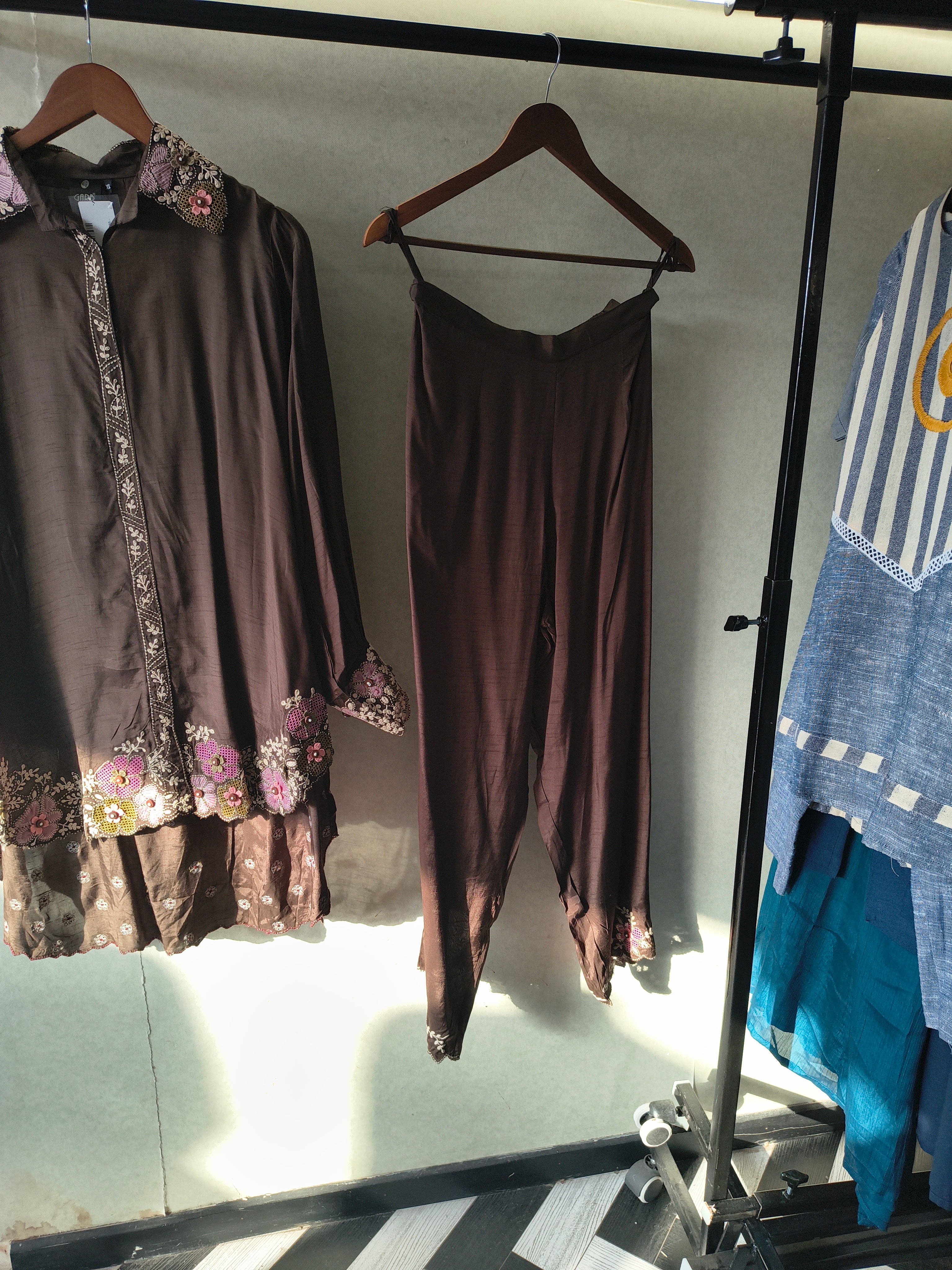 Image of Chocolate Brown Designer Embroidered Co-Ord Set with 3D Floral Appliqué & Organza Hem