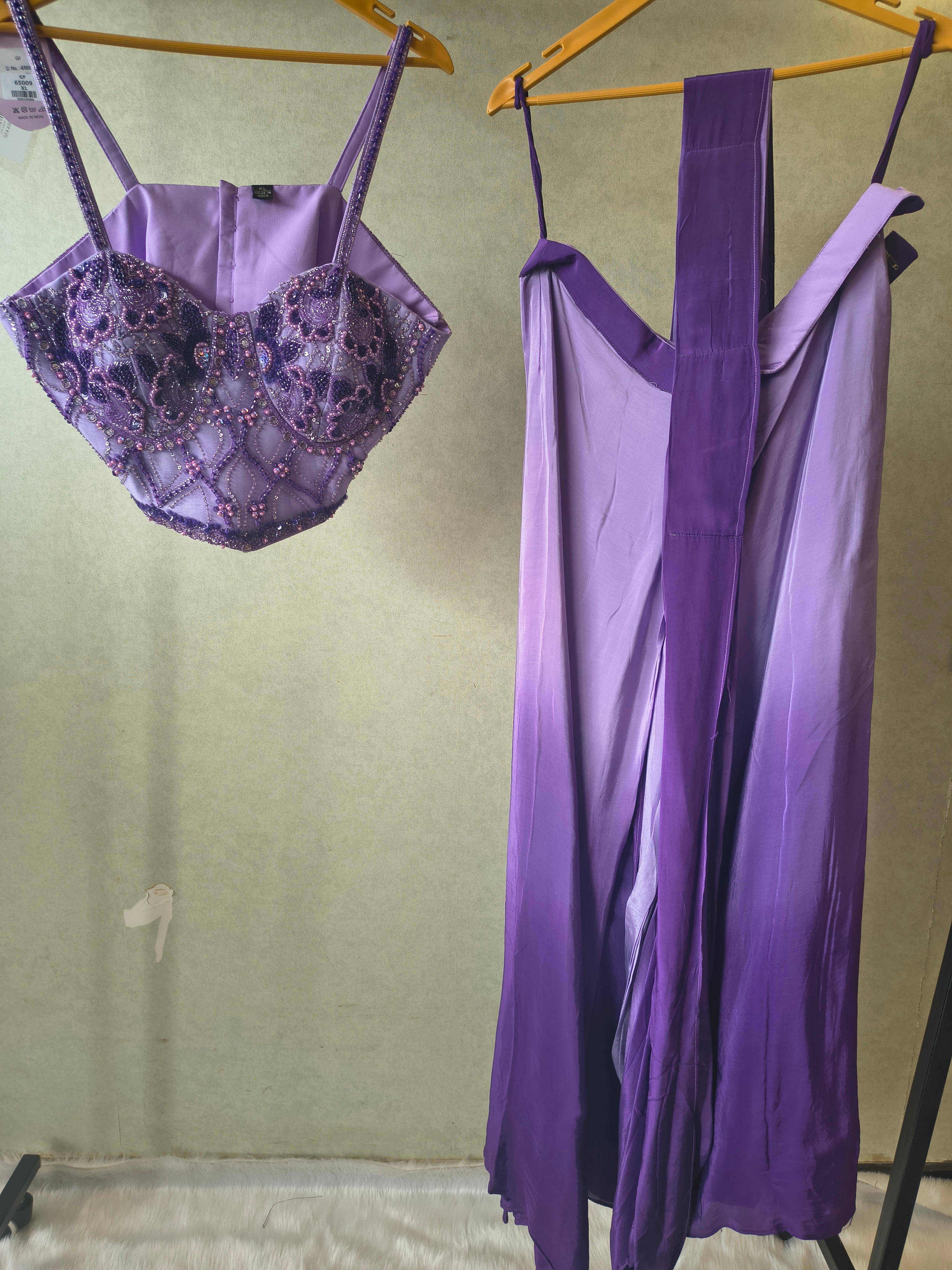 Image of Lavender Embellished Corset Blouse with Drape Palazzo – Designer Indo-Western Party Wear Co-Ord Set