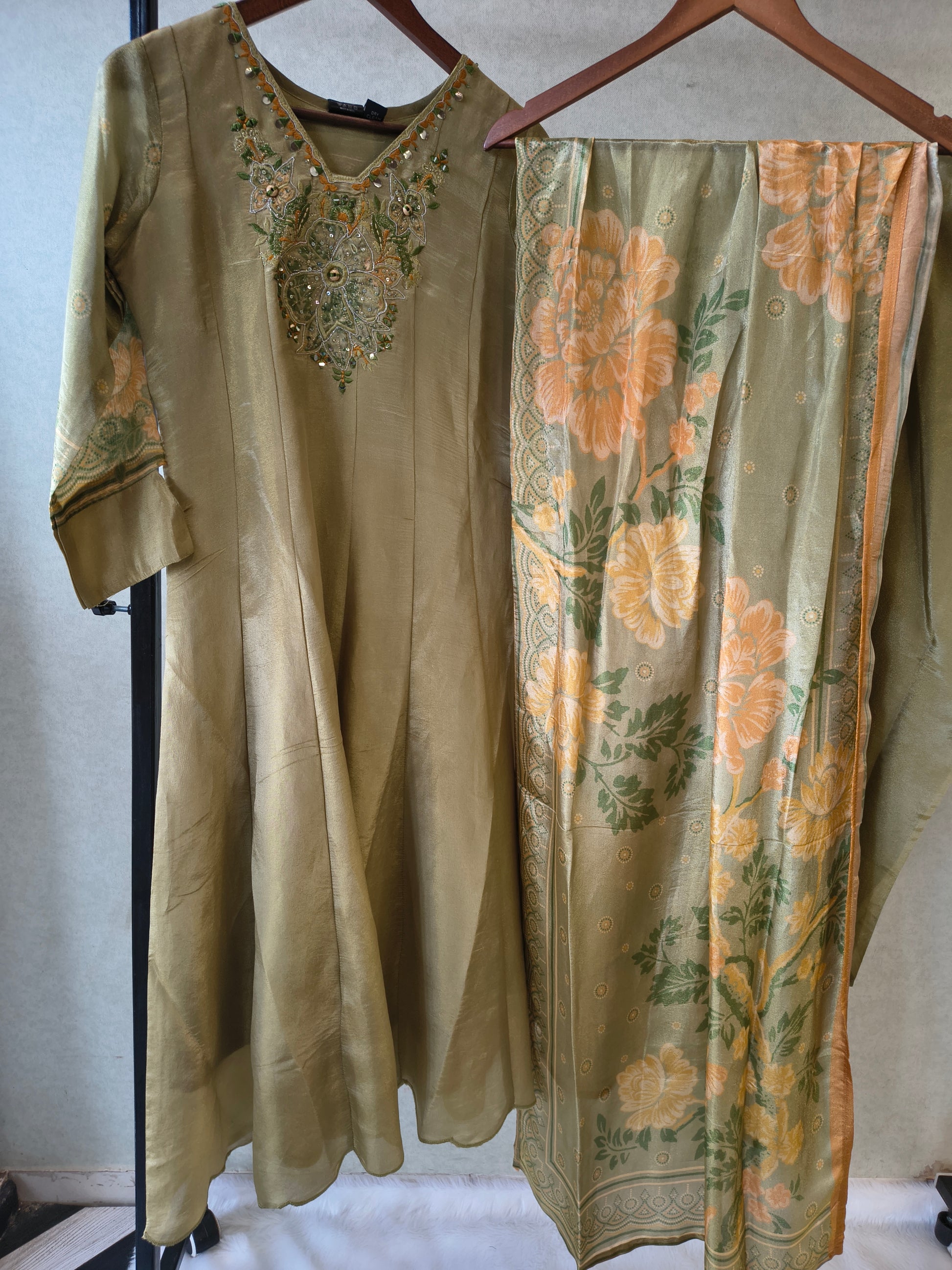 Sage Olive Embroidered Designer Kurta Set with Floral Printed Dupatta | Premium 3 Piece Ethnic Suit