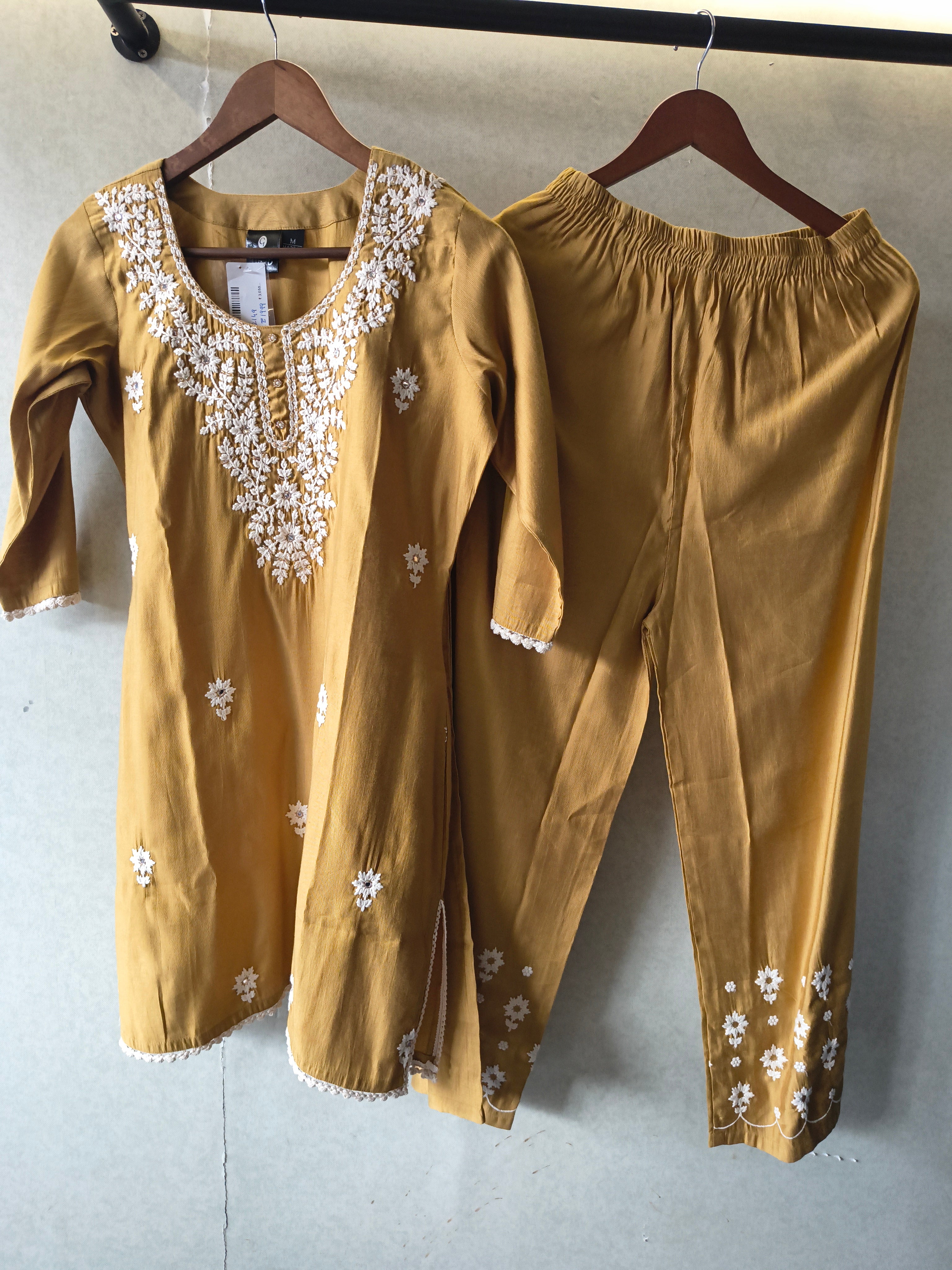 Image of Mustard Yellow White Embroidered Premium Kurta Pant Co-Ord Set