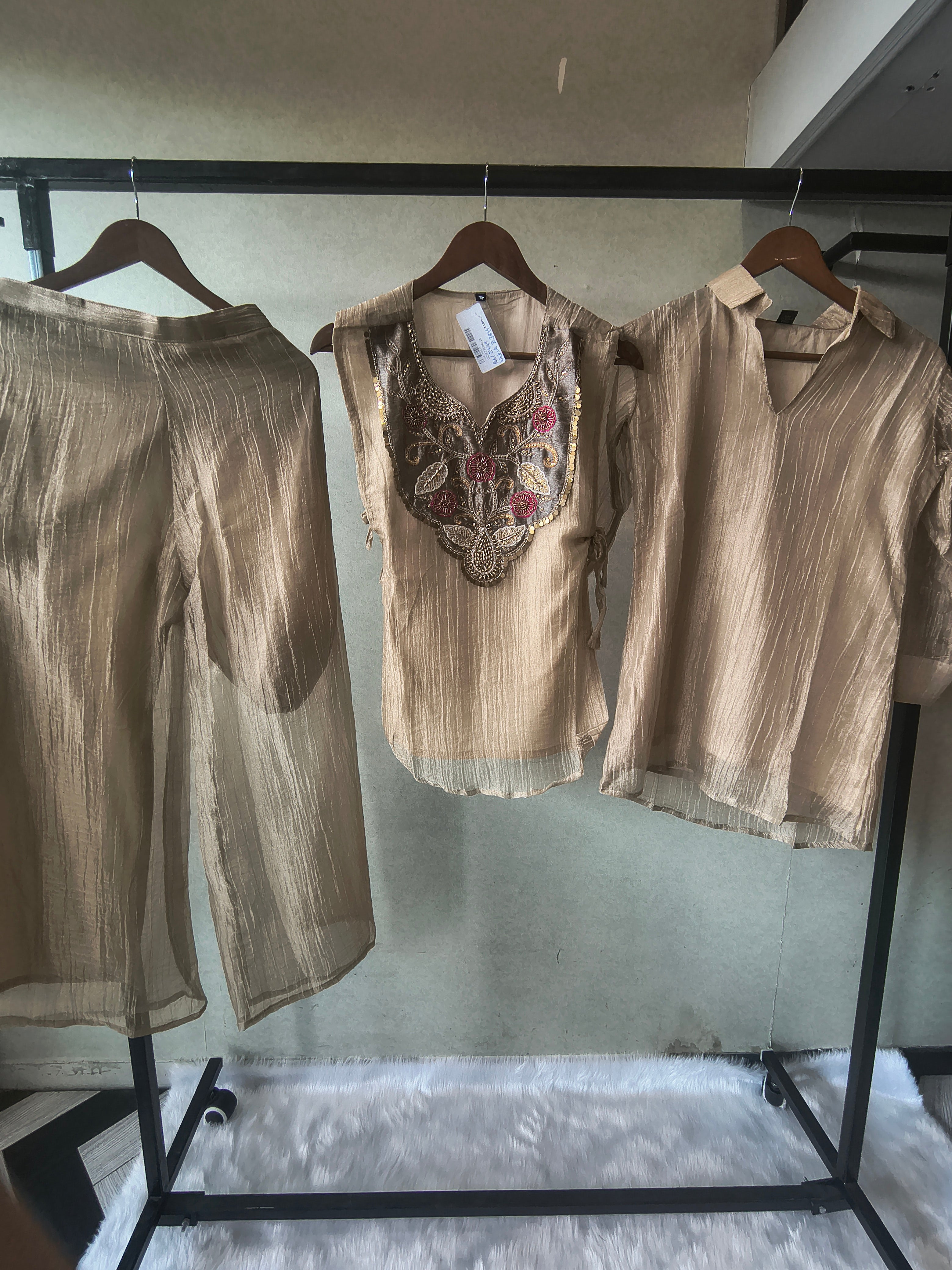 Image of Premium Champagne Tissue Silk Embroidered Kurta with Hand Embellished Statement Yoke