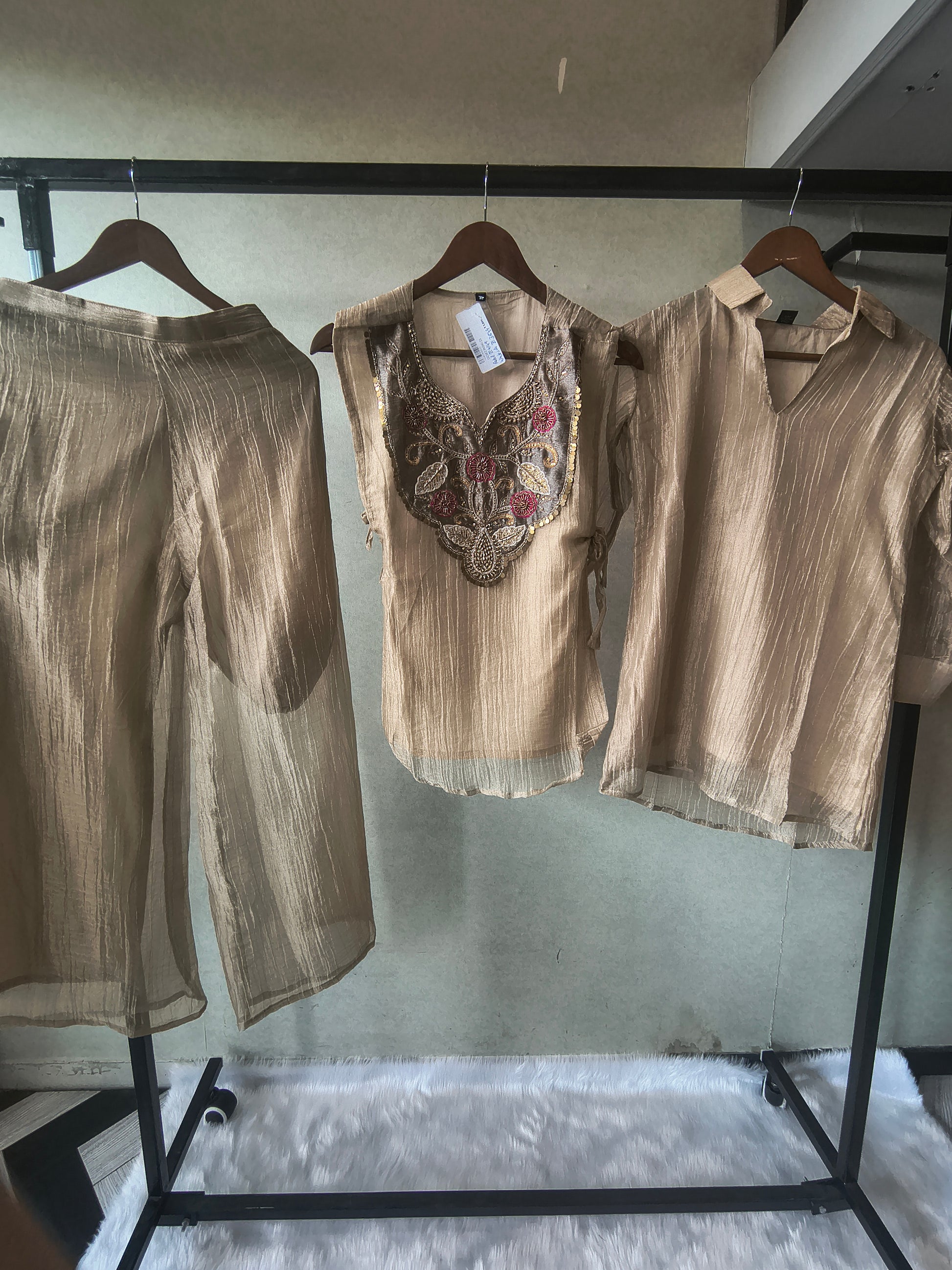 Premium Champagne Tissue Silk Embroidered Kurta with Hand Embellished Statement Yoke