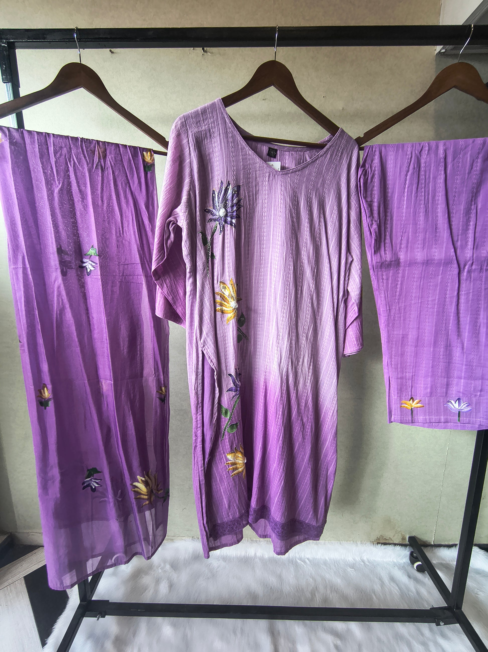Premium Lavender Embroidered Straight Kurta Set with Floral Dupatta & Straight Pants