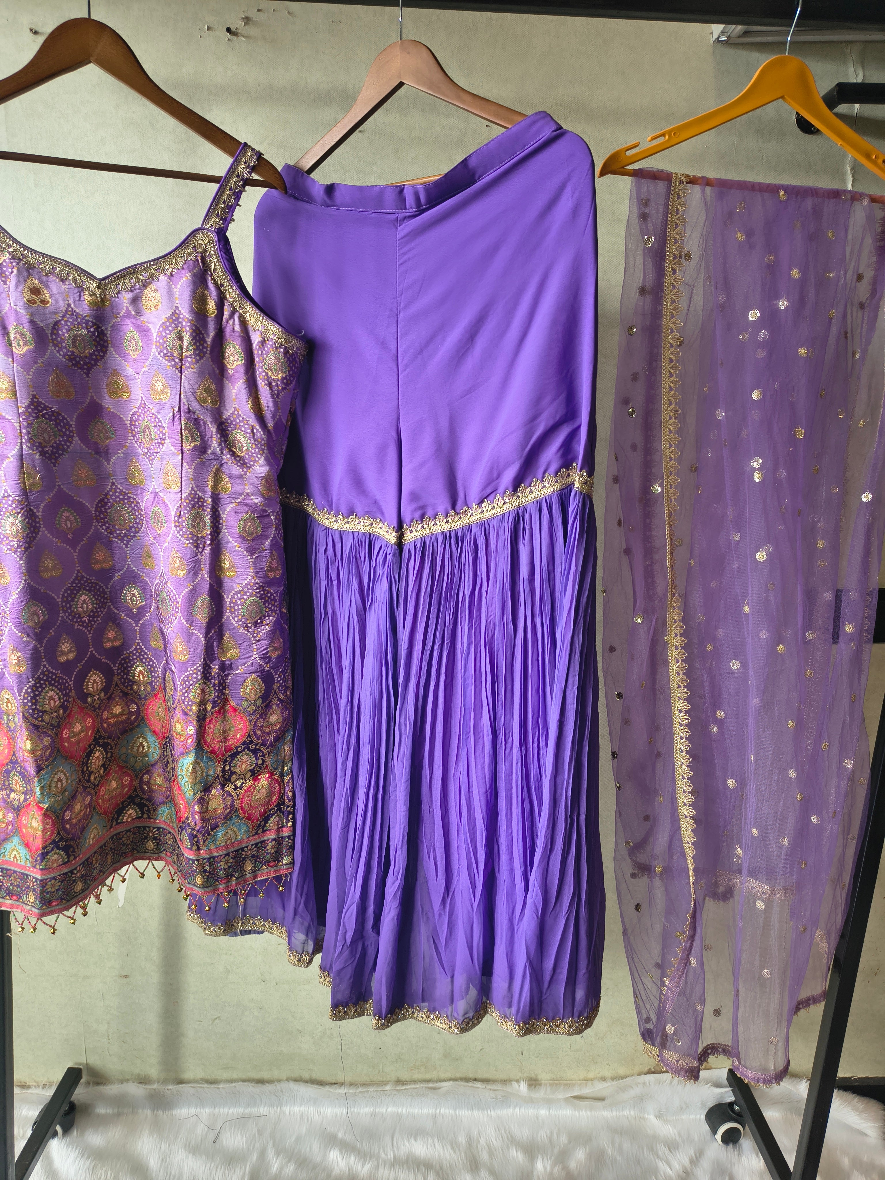 Image of Lavender Brocade Kurti Sharara Set with Sequinned Dupatta – Premium 3 Piece Festive Ensemble