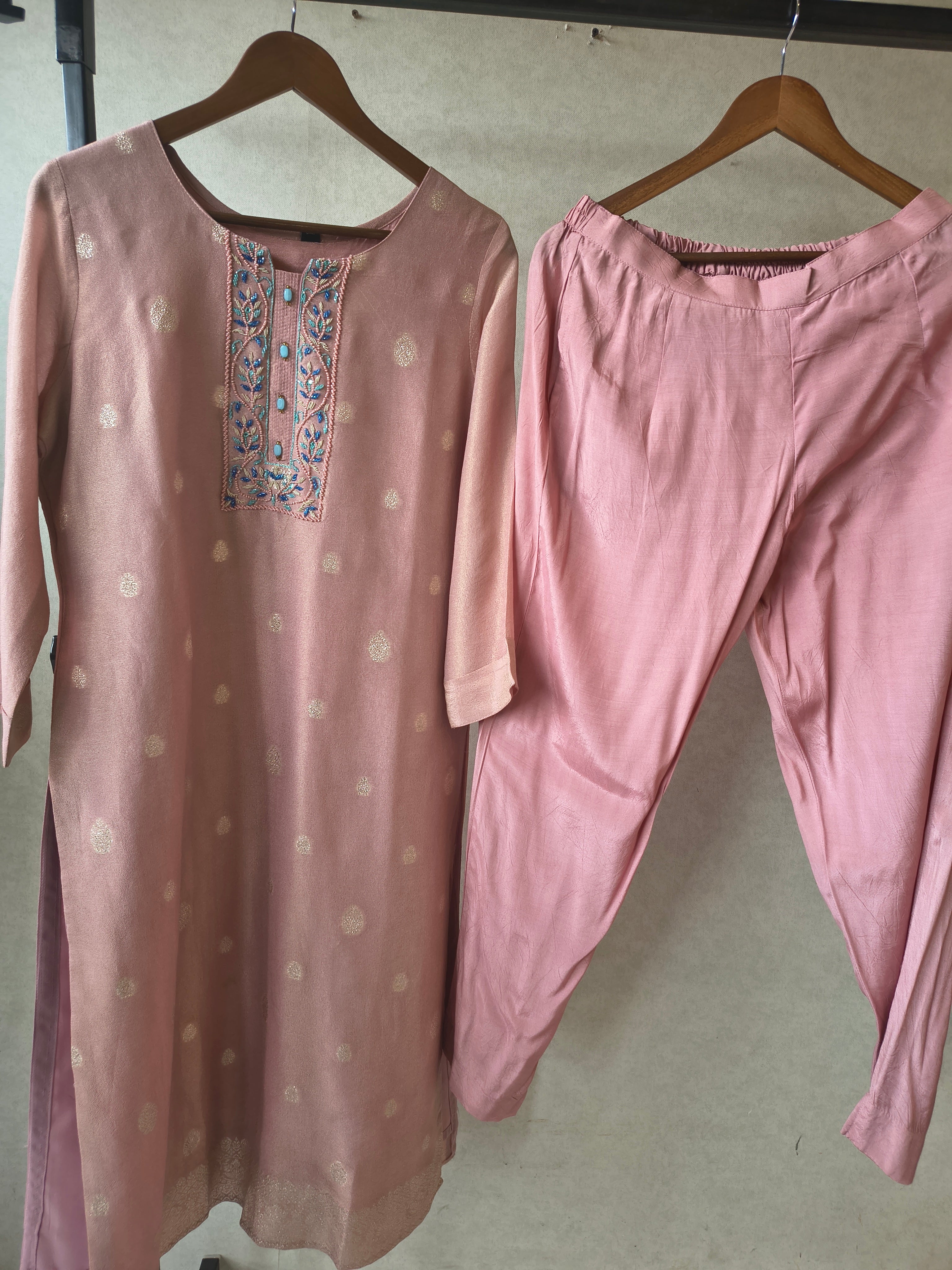 Image of Premium Blush Pink Embroidered Straight Kurta with Cigarette Pants & Designer Printed Dupatta Set