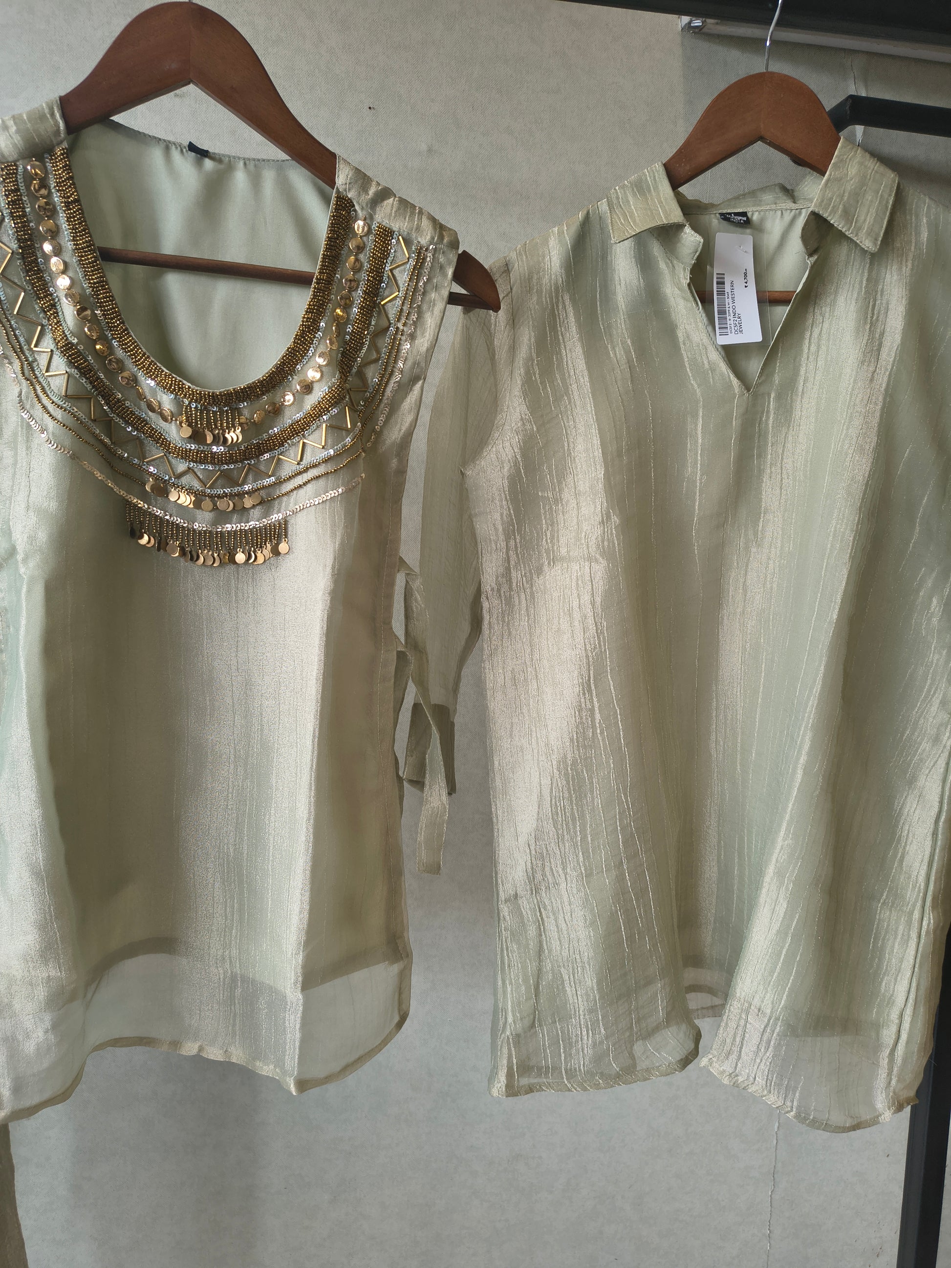 Premium Sage Grey Tissue Silk 3-Piece Co-Ord Set with Antique Hand Embellished Jacket, Inner & Palazzo