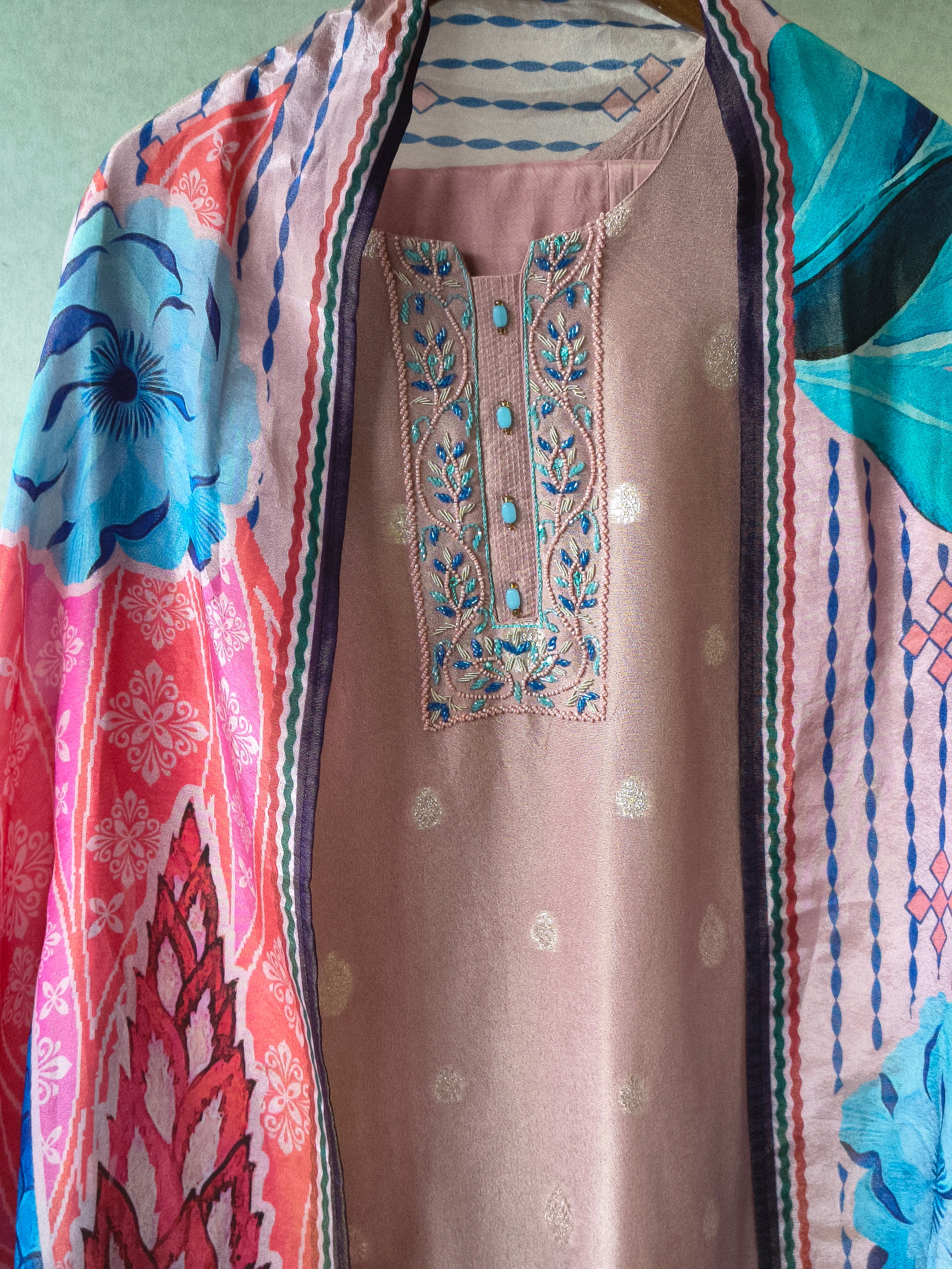 Image of Premium Blush Pink Embroidered Straight Kurta with Cigarette Pants & Designer Printed Dupatta Set