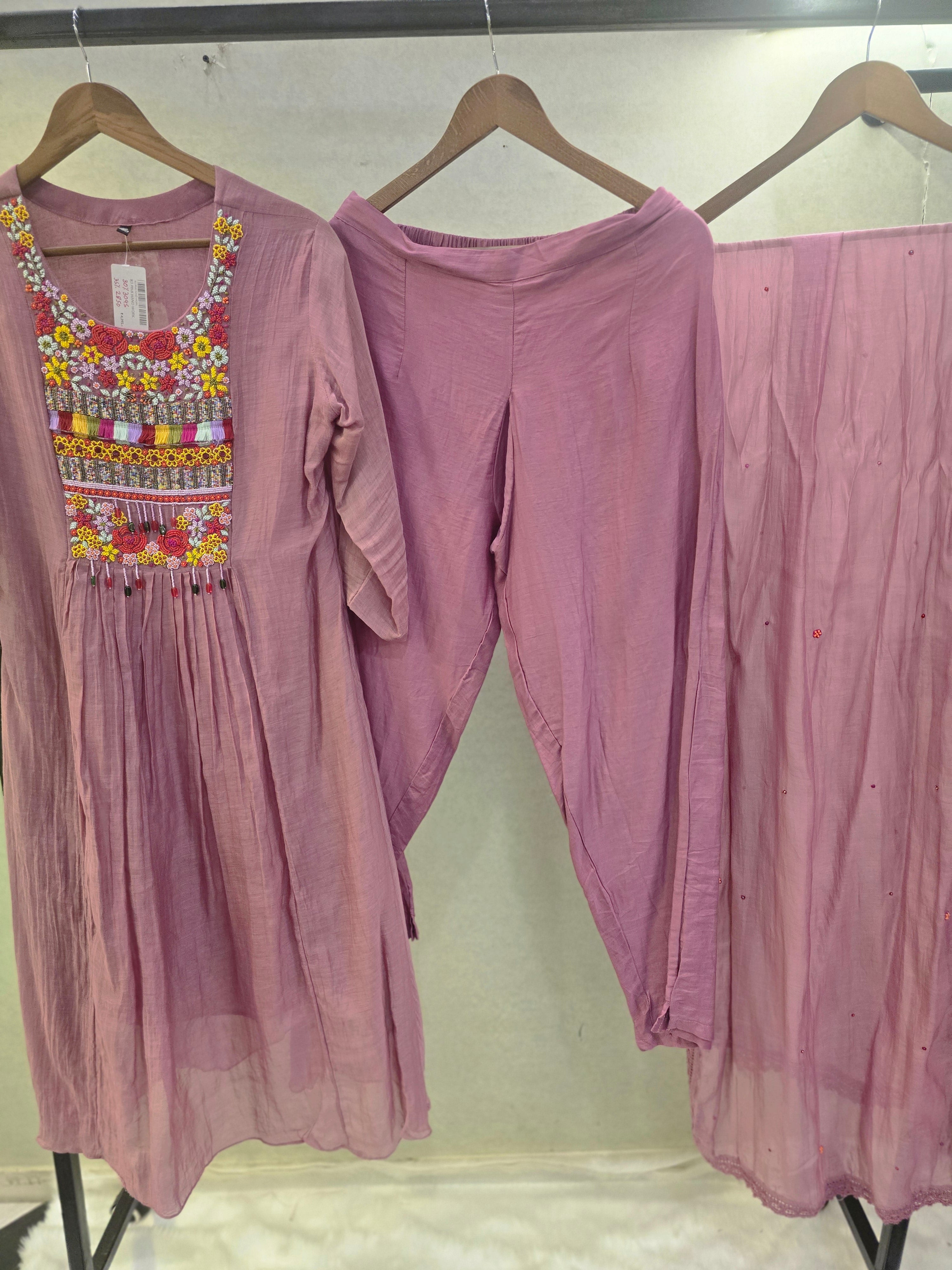 Image of Dusty Mauve Embroidered Yoke Kurta Set with Chiffon Dupatta | Premium 3 Piece Ethnic Suit