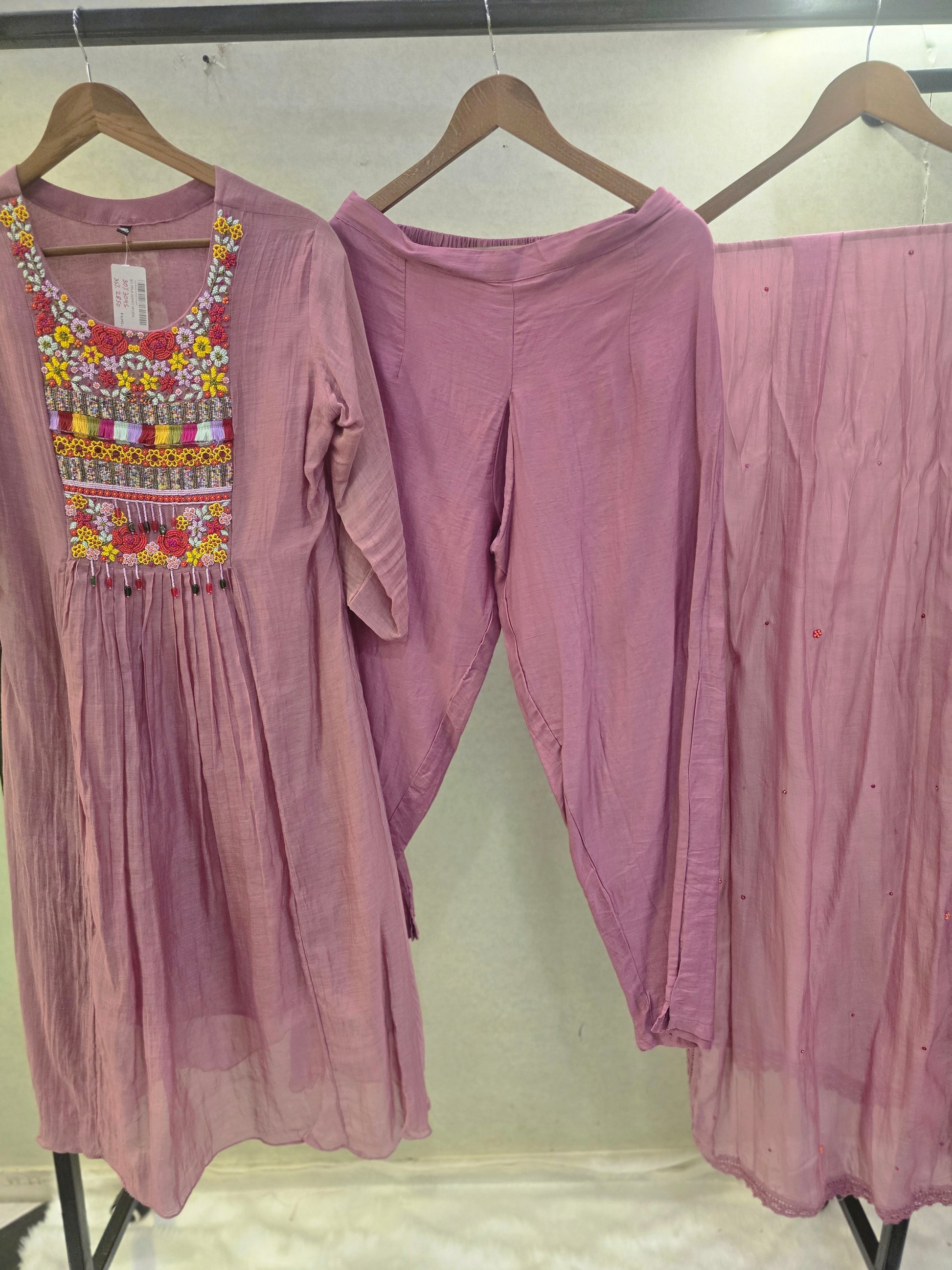Dusty Mauve Embroidered Yoke Kurta Set with Chiffon Dupatta | Premium 3 Piece Ethnic Suit