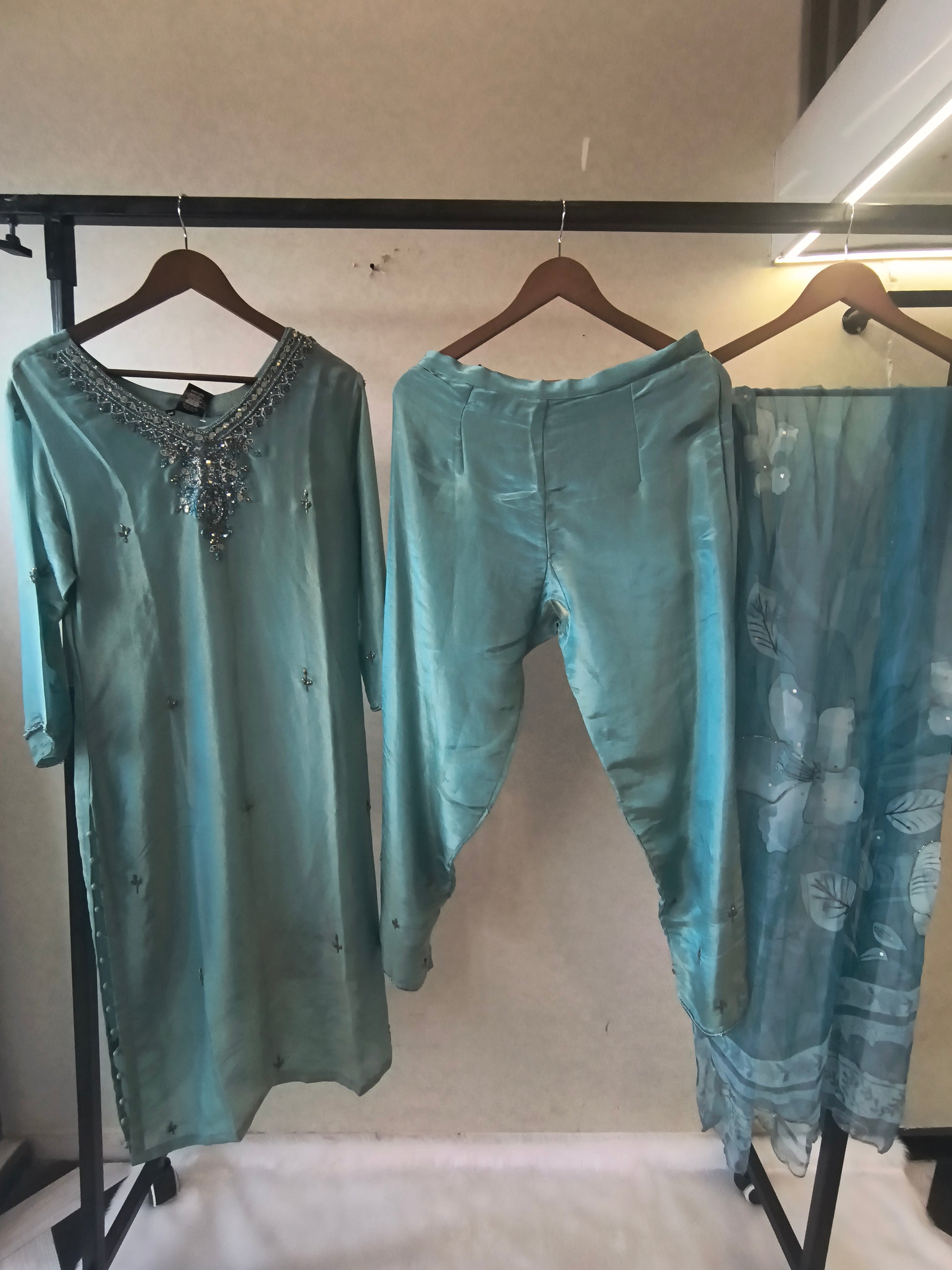 Ice Blue Hand-Embroidered Designer Kurta Set with Floral Organza Dupatta | Premium 3 Piece Ethnic Suit