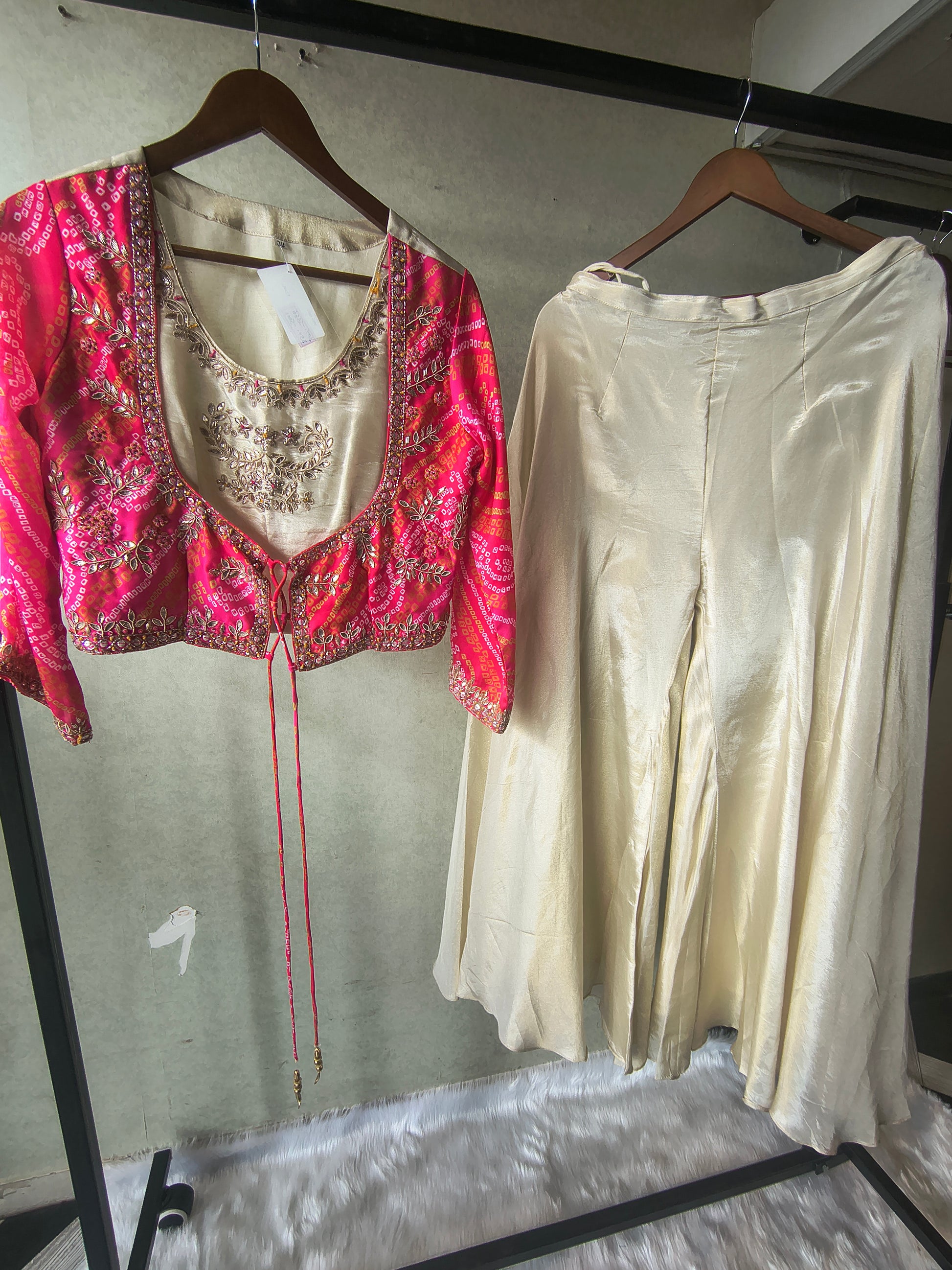 Premium Hot Pink Bandhani Print Embroidered Jacket Blouse with Ivory Flared Palazzo Set