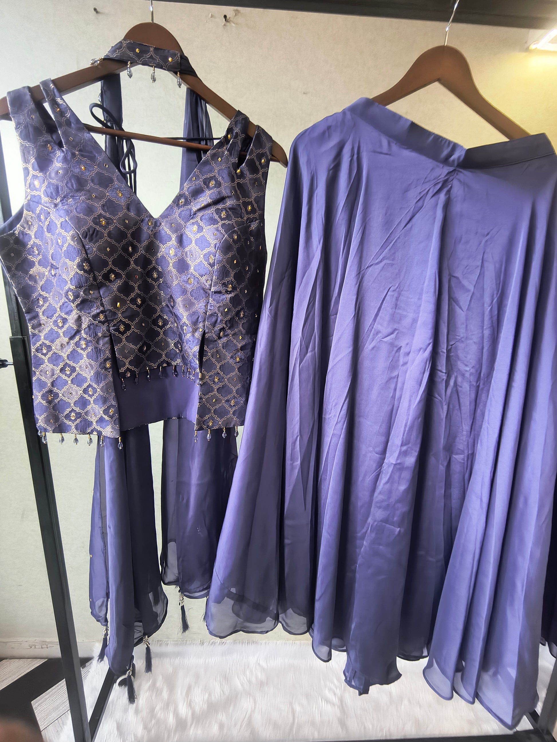 Luxury Steel Blue Jacquard Blouse with Flared Palazzo & Embellished Choker Dupatta – 3 Piece Designer Indo-Western Set