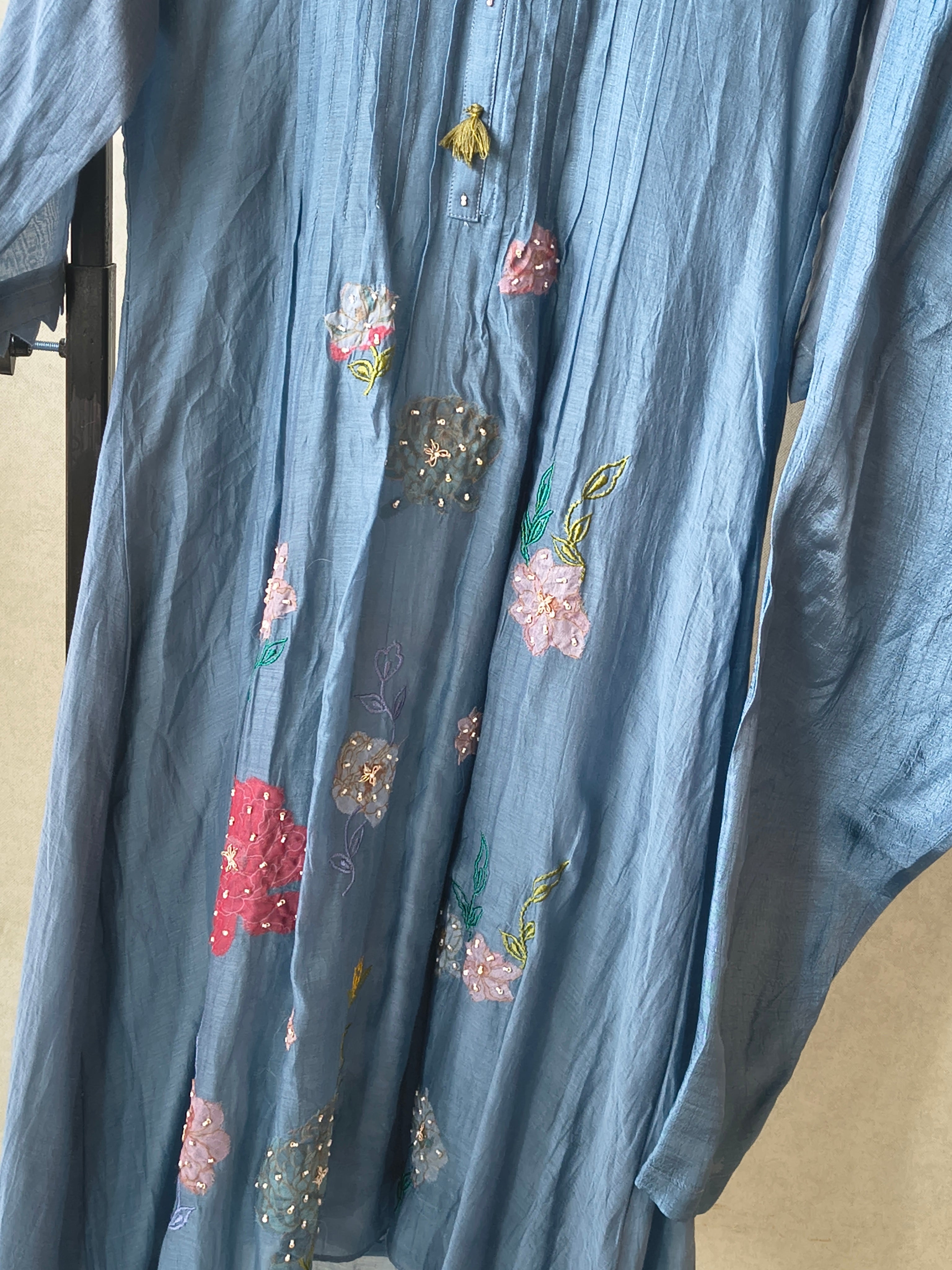 Image of Premium Steel Blue Embroidered Straight Kurta with Dhoti Pants & Embroidered Organza Dupatta Set