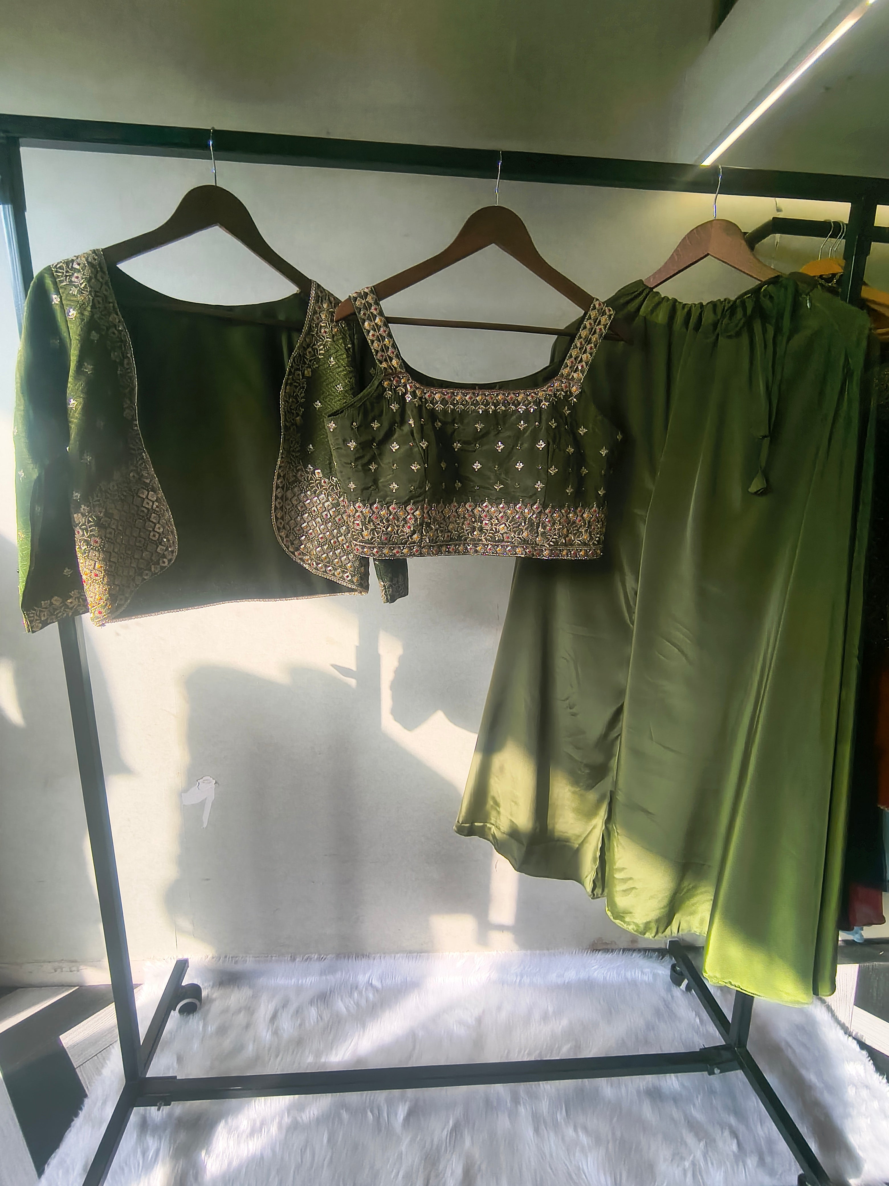 Image of Luxury Olive Green Embellished Blouse with Embroidered Jacket & Flared Palazzo – 3 Piece Designer Indo-Western Set