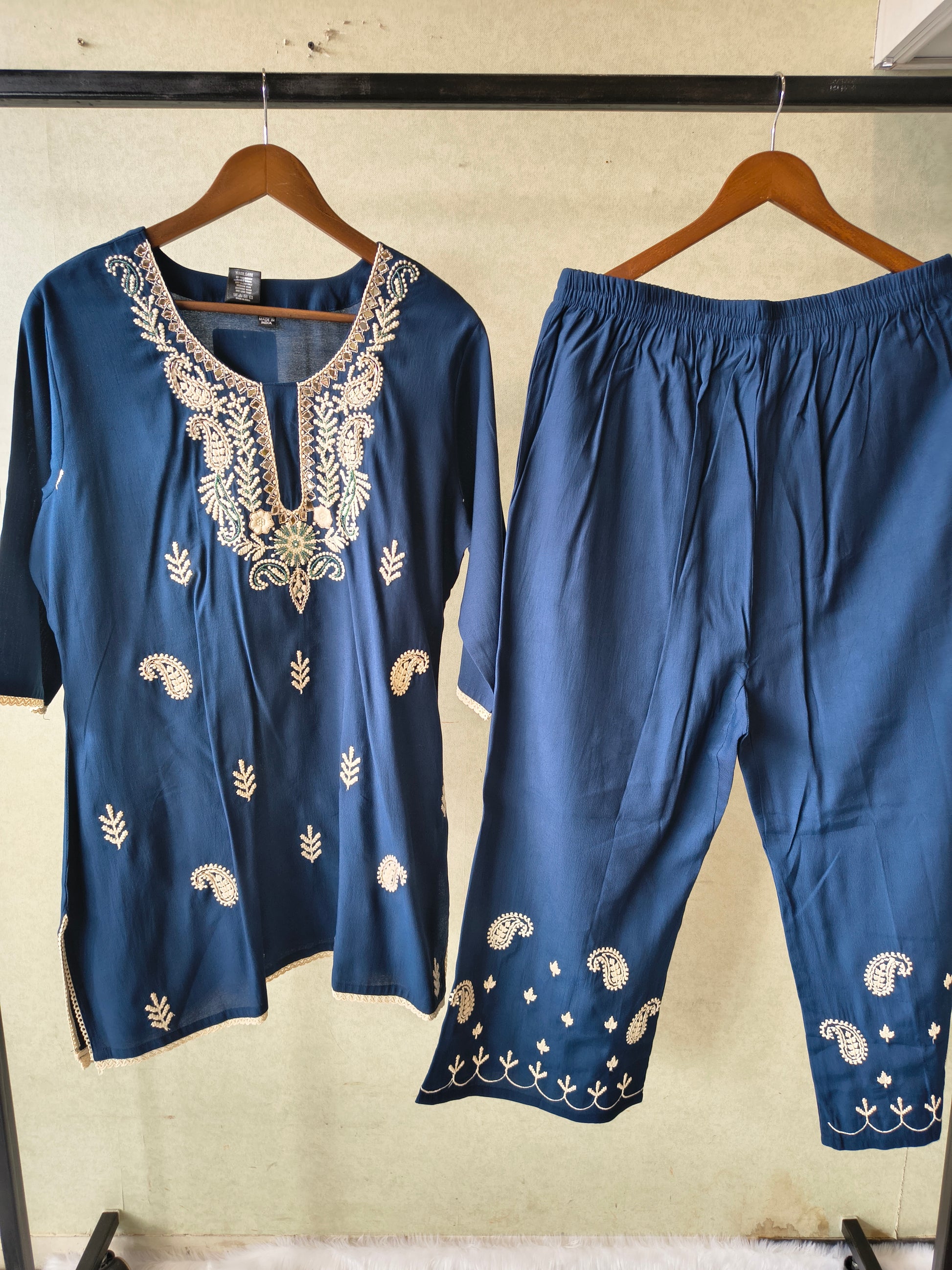Premium Navy Blue Embroidered Kurta Set with Designer Pants